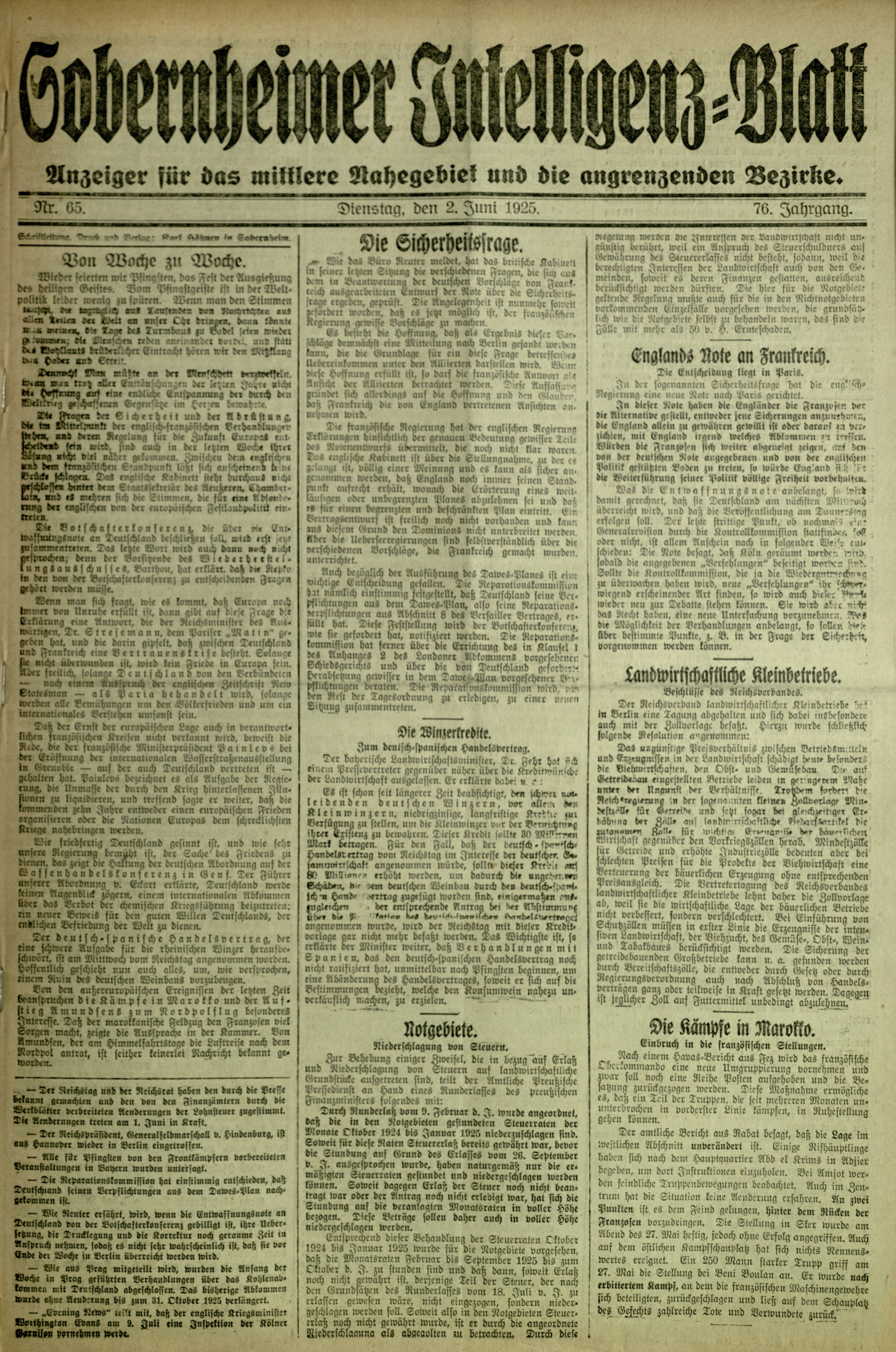 Zeitung: Sobernheimer Intelligenzblatt; Juni 1925, Jg. 73 Nr. 65 (Heimatmuseum Bad Sobernheim CC BY-NC-SA)