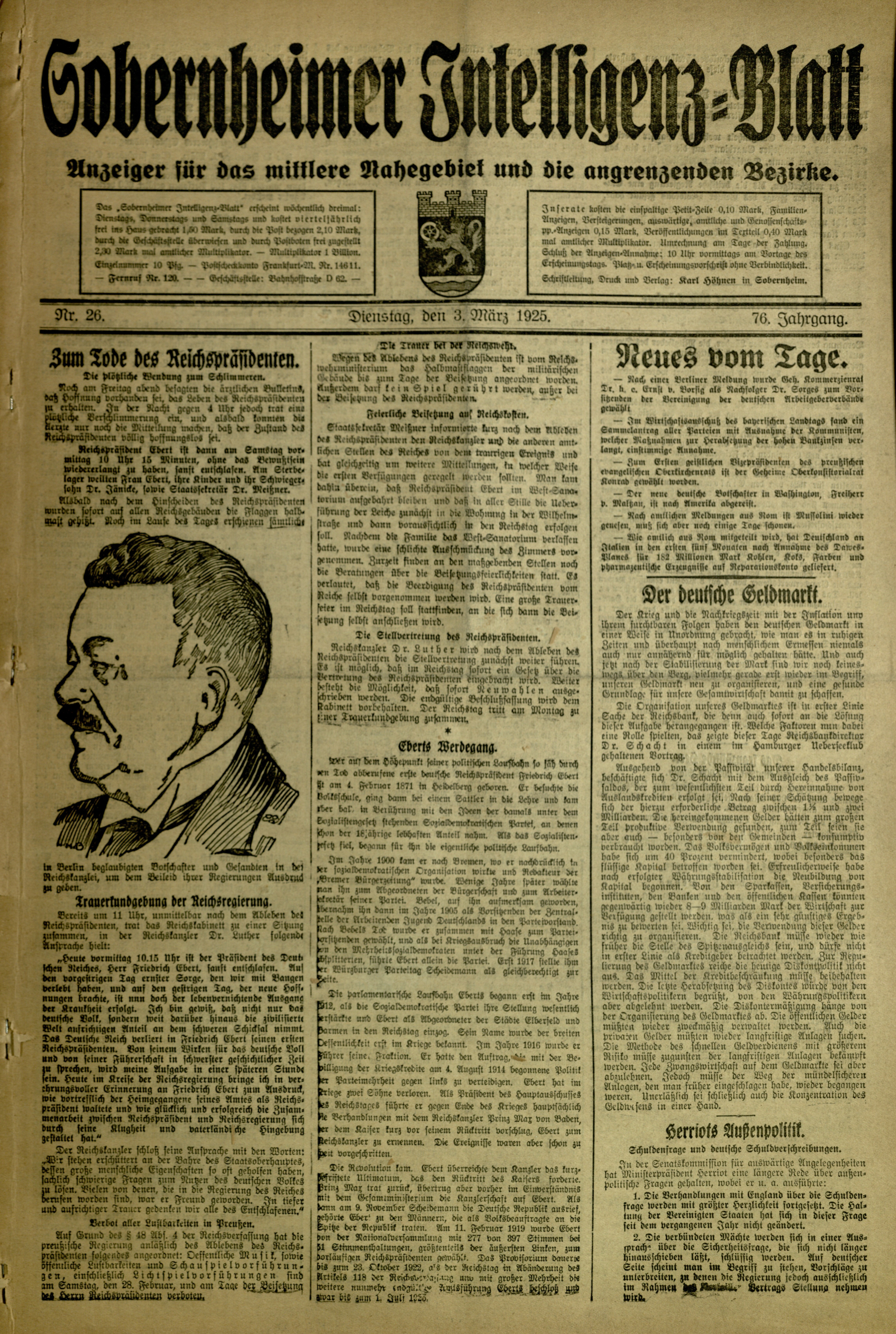 Zeitung: Sobernheimer Intelligenzblatt; März 1925, Jg. 73 Nr. 26 (Heimatmuseum Bad Sobernheim CC BY-NC-SA)