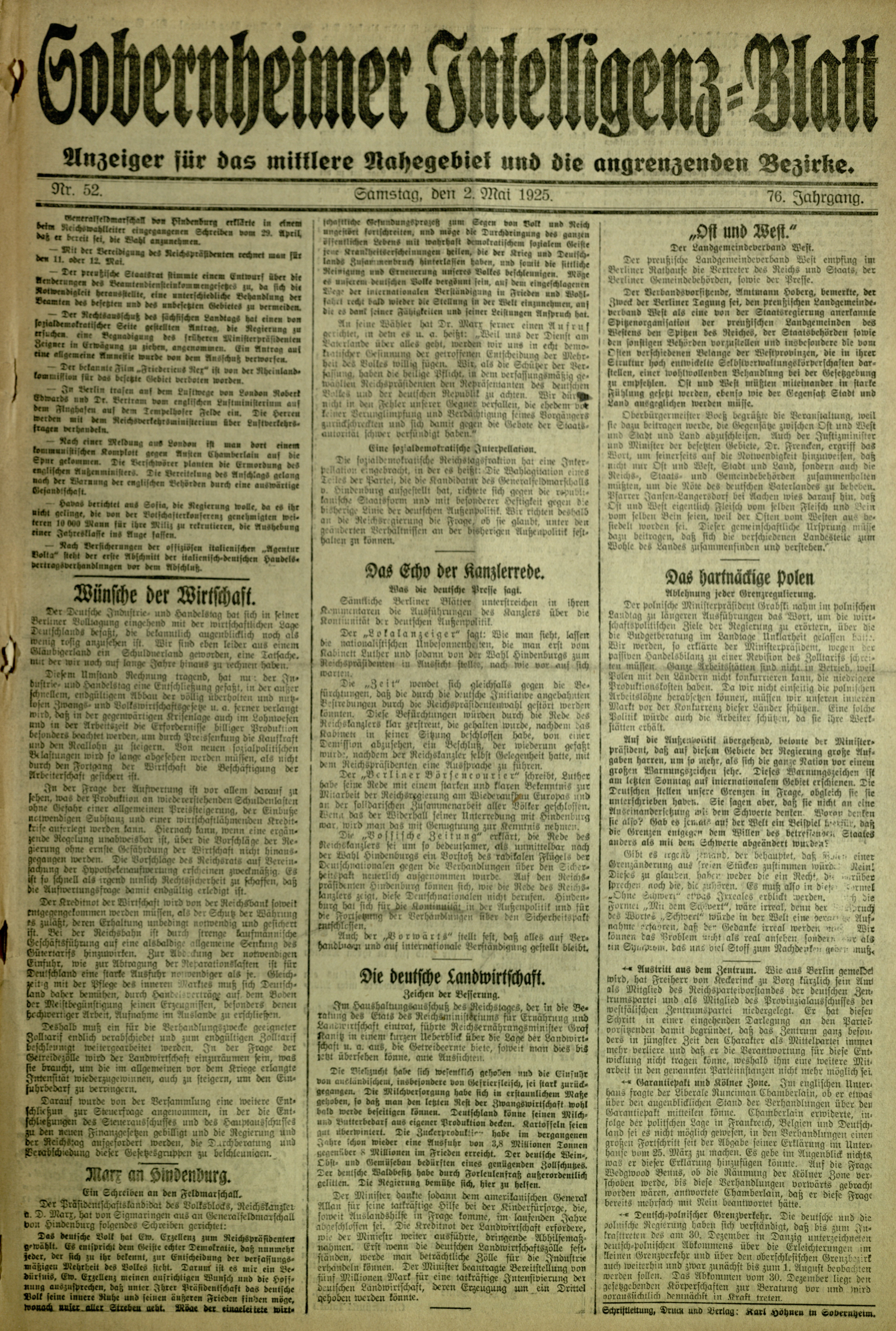 Zeitung: Sobernheimer Intelligenzblatt; Mai 1925, Jg. 73 Nr. 52 (Heimatmuseum Bad Sobernheim CC BY-NC-SA)