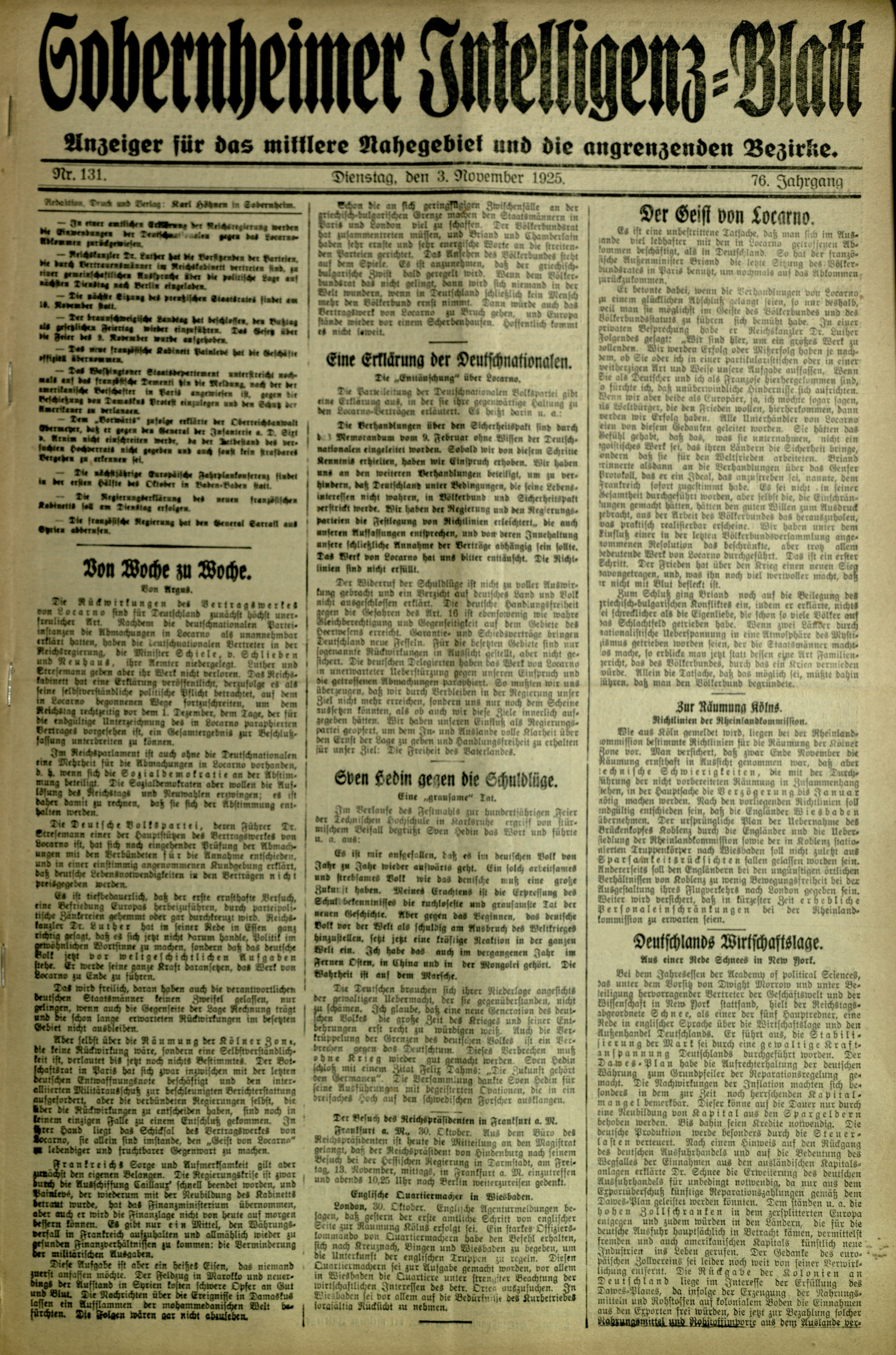 Zeitung: Sobernheimer Intelligenzblatt; November 1925, Jg. 73 Nr131 (Heimatmuseum Bad Sobernheim CC BY-NC-SA)