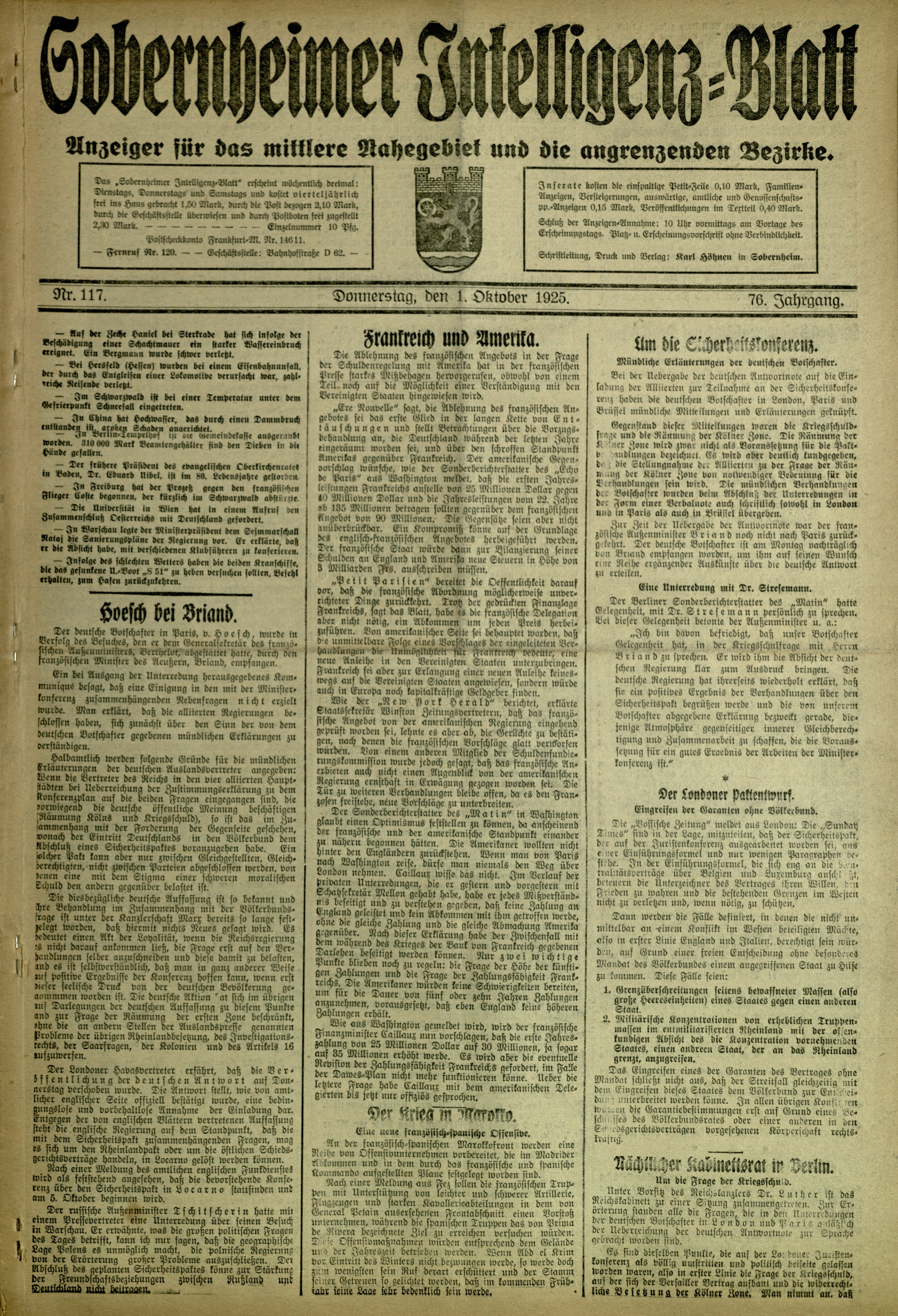Zeitung: Sobernheimer Intelligenzblatt; Oktober 1925, Jg. 73 Nr. 117 (Heimatmuseum Bad Sobernheim CC BY-NC-SA)