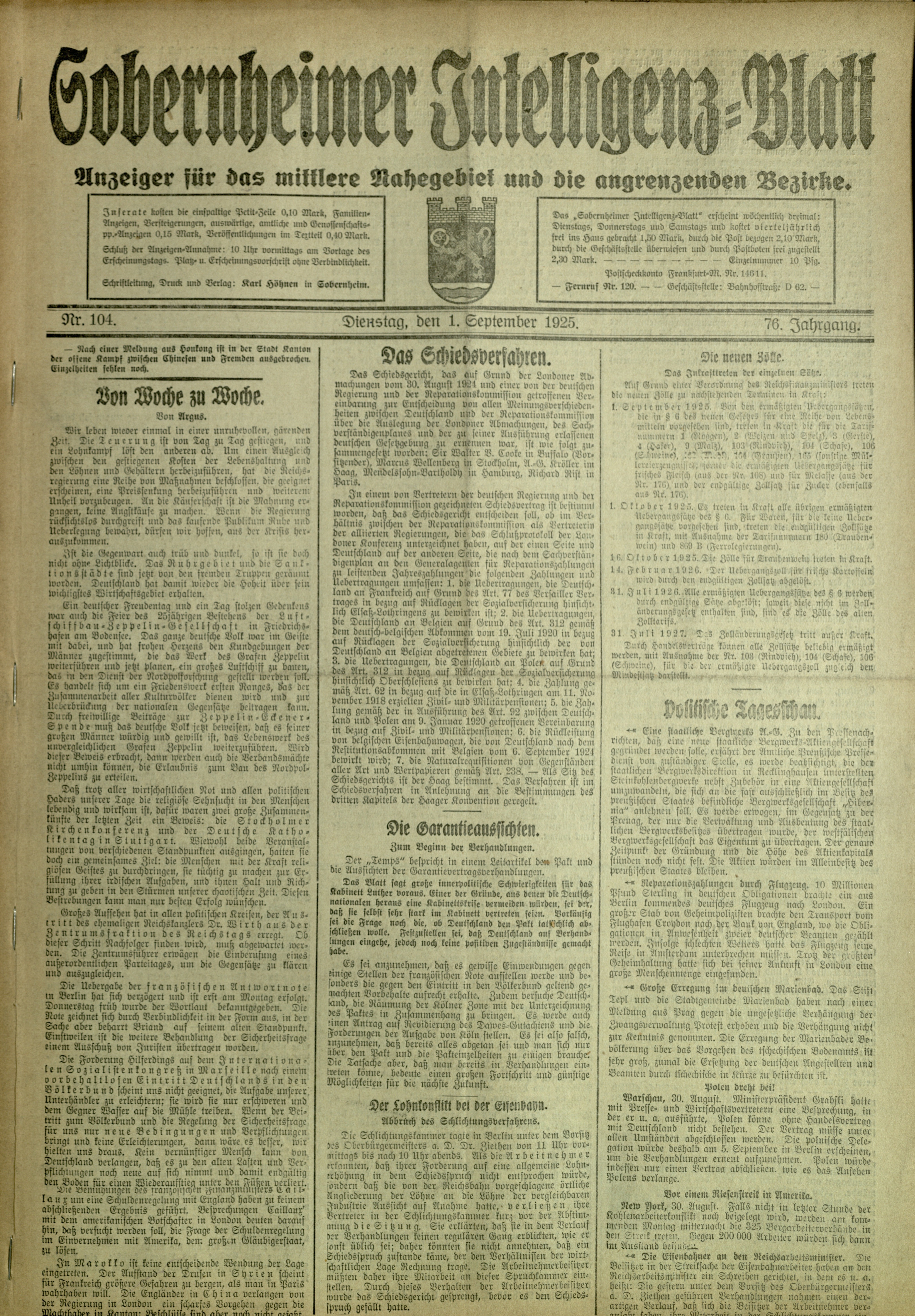Zeitung: Sobernheimer Intelligenzblatt; September 1925, Jg. 73 Nr. 104 (Heimatmuseum Bad Sobernheim CC BY-NC-SA)