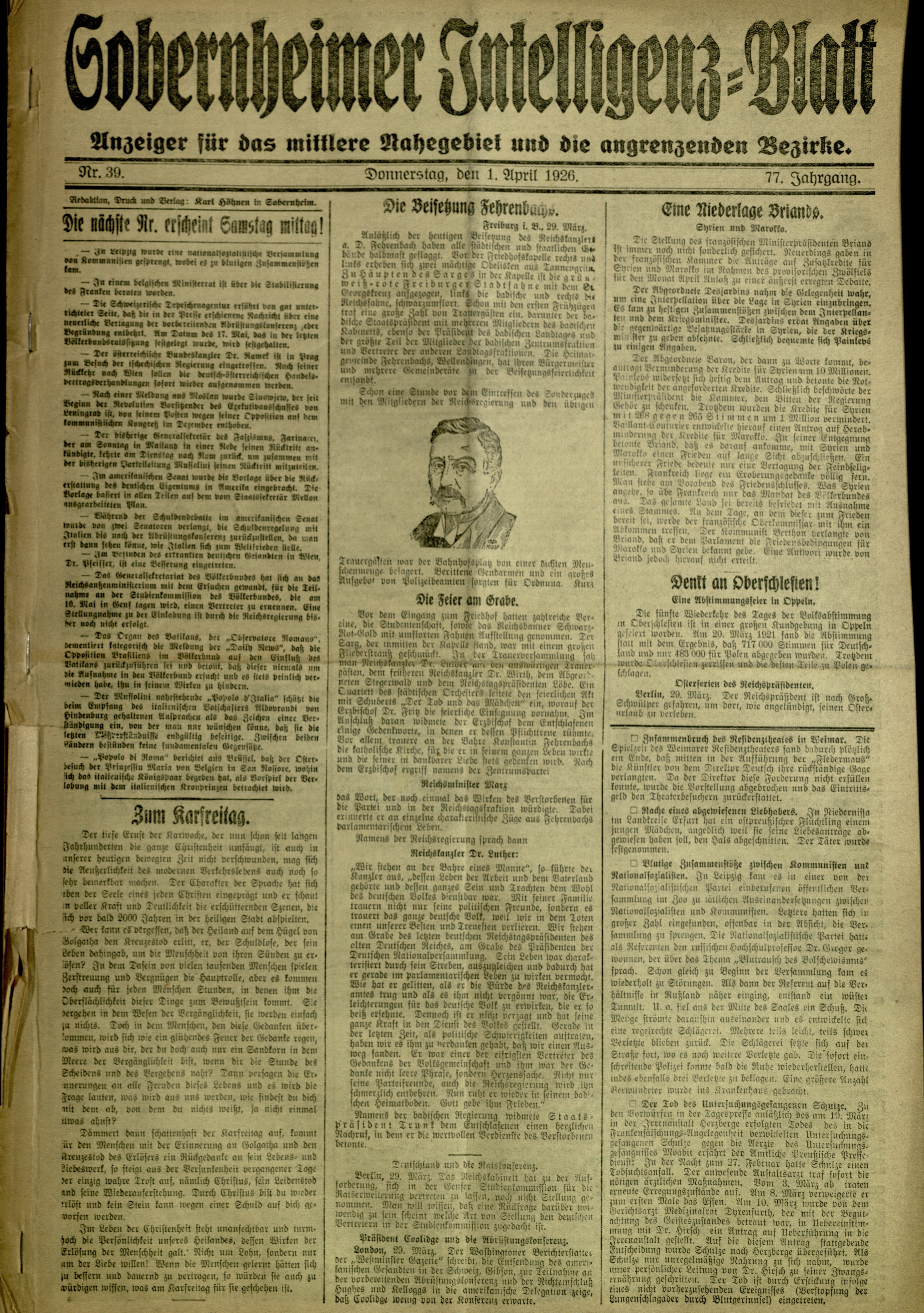 Zeitung: Sobernheimer Intelligenzblatt; September 1926, Jg. 77 Nr. 39 (Heimatmuseum Bad Sobernheim CC BY-NC-SA)