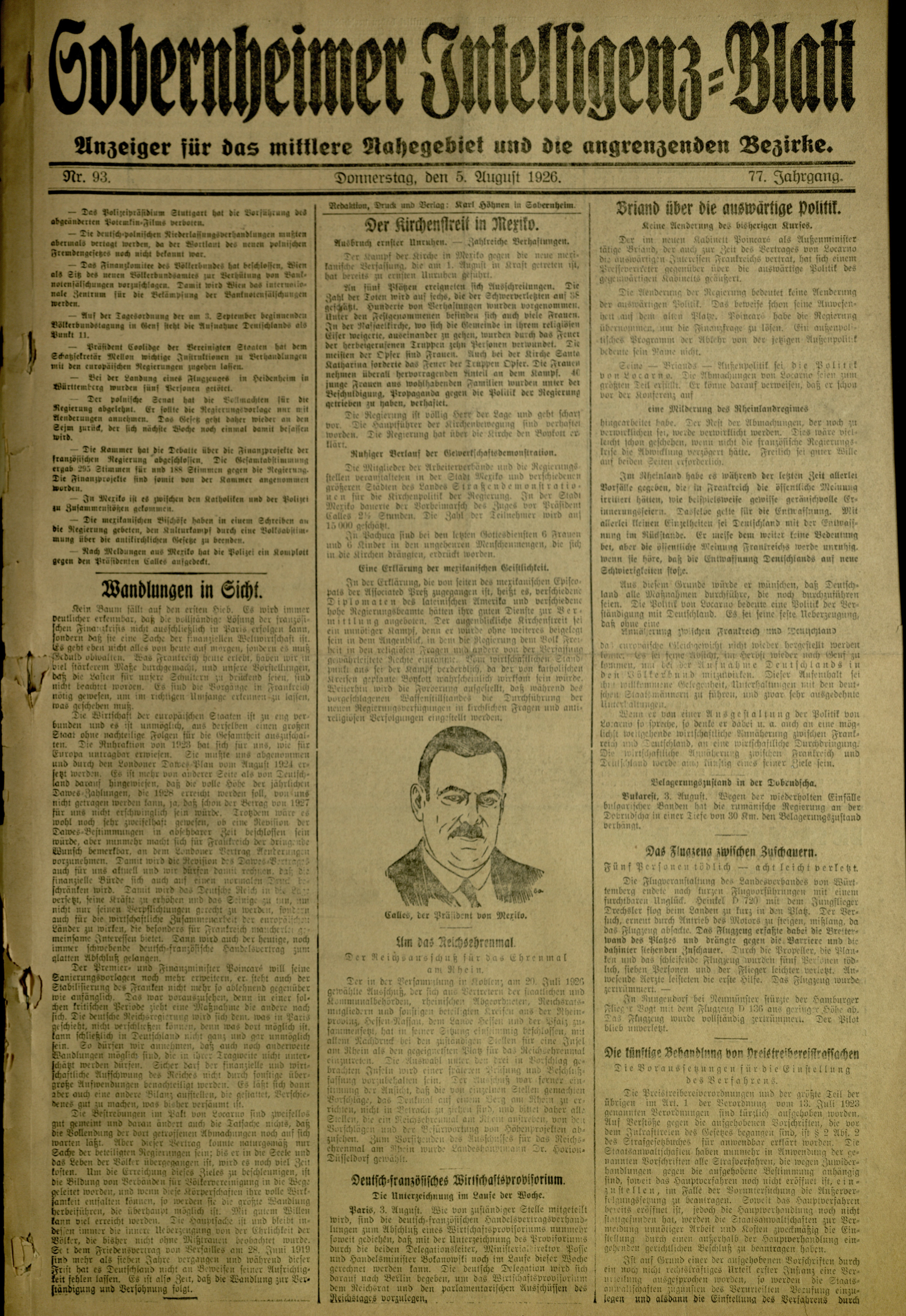 Zeitung: Sobernheimer Intelligenzblatt; August 1926, Jg. 73 Nr. 93 (Heimatmuseum Bad Sobernheim CC BY-NC-SA)