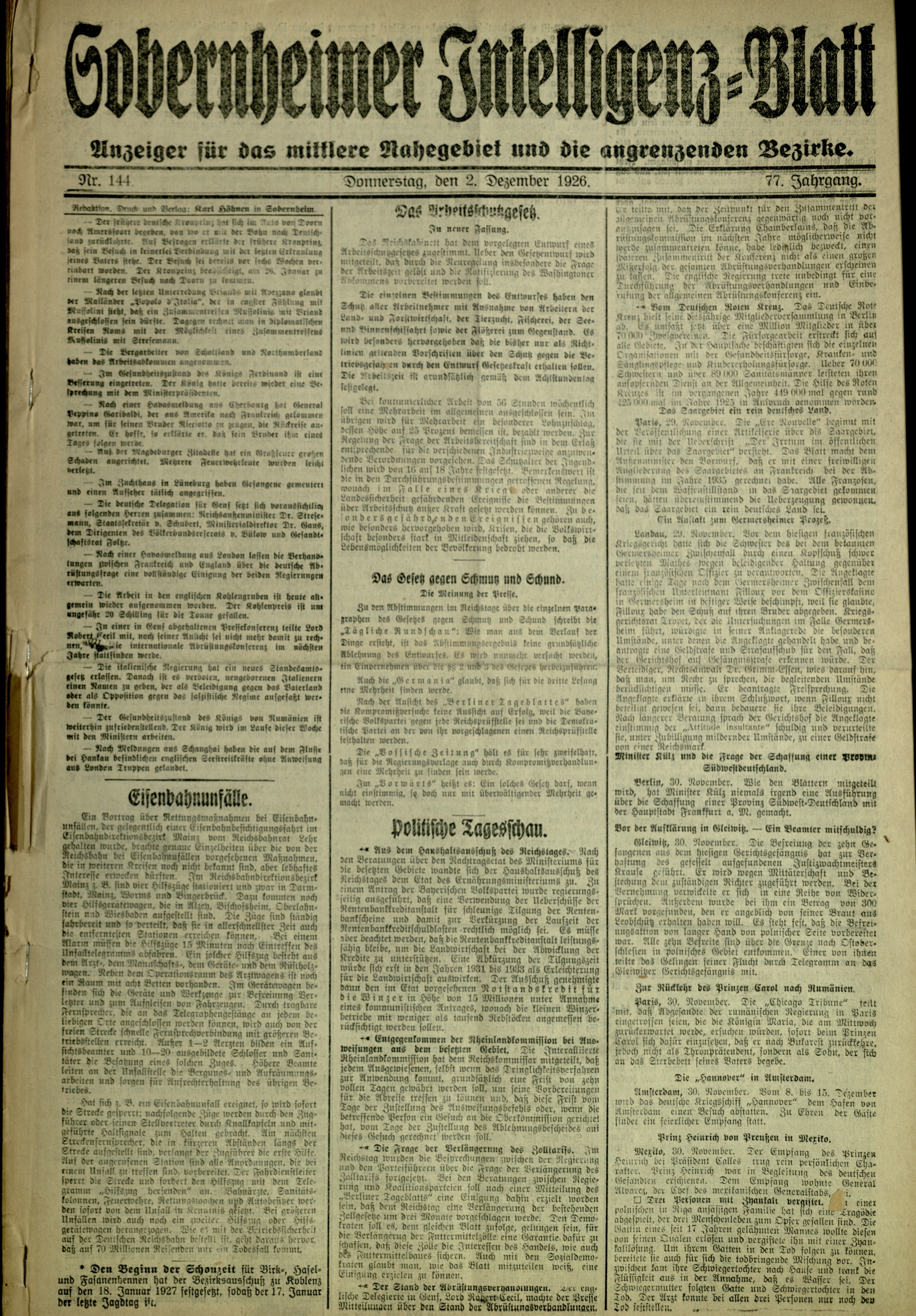 Zeitung: Sobernheimer Intelligenzblatt; Dezember 1926, Jg. 73 Nr. 144 (Heimatmuseum Bad Sobernheim CC BY-NC-SA)