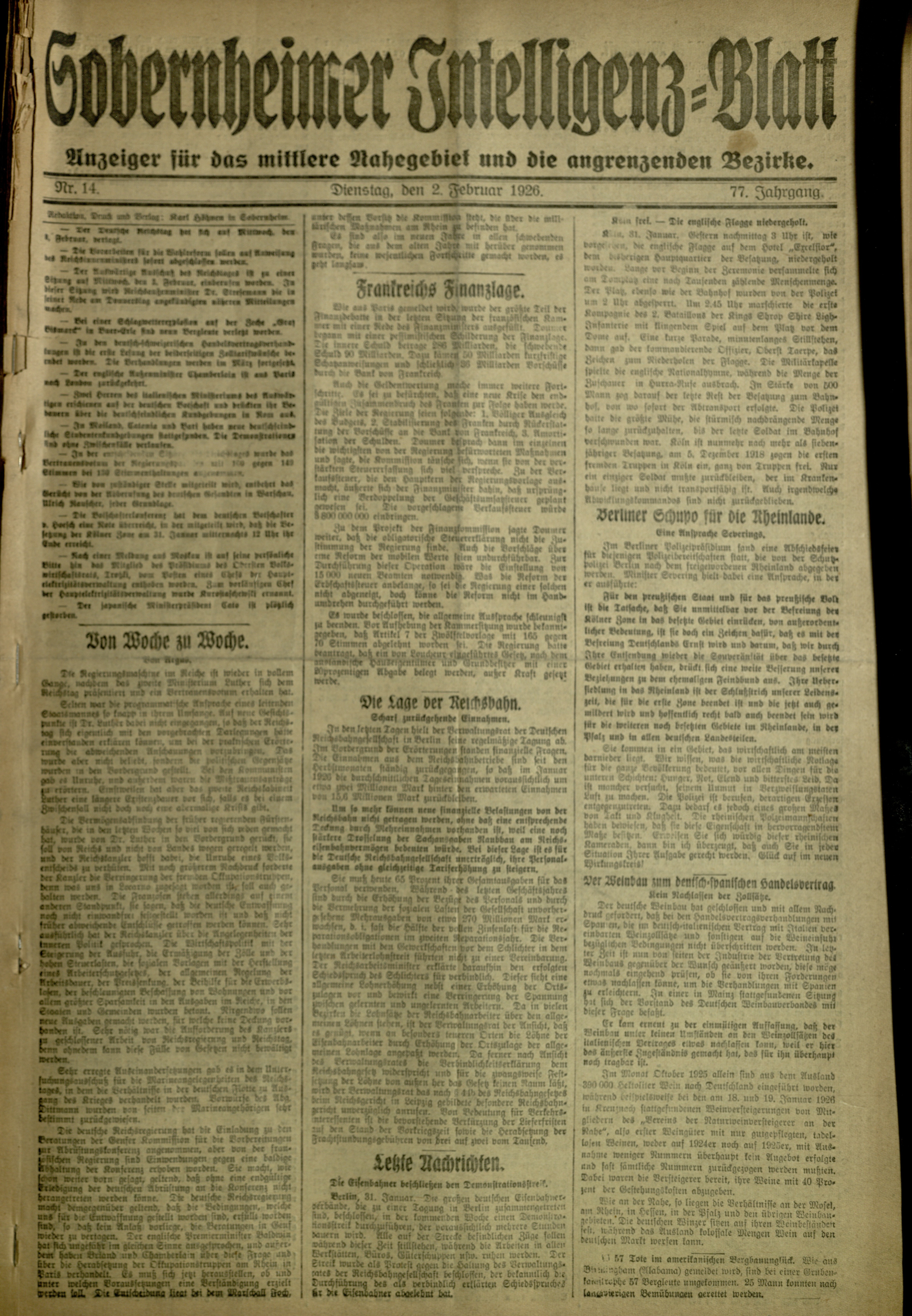 Zeitung: Sobernheimer Intelligenzblatt; Februar 1926, Jg. 73 Nr. 14 (Heimatmuseum Bad Sobernheim CC BY-NC-SA)