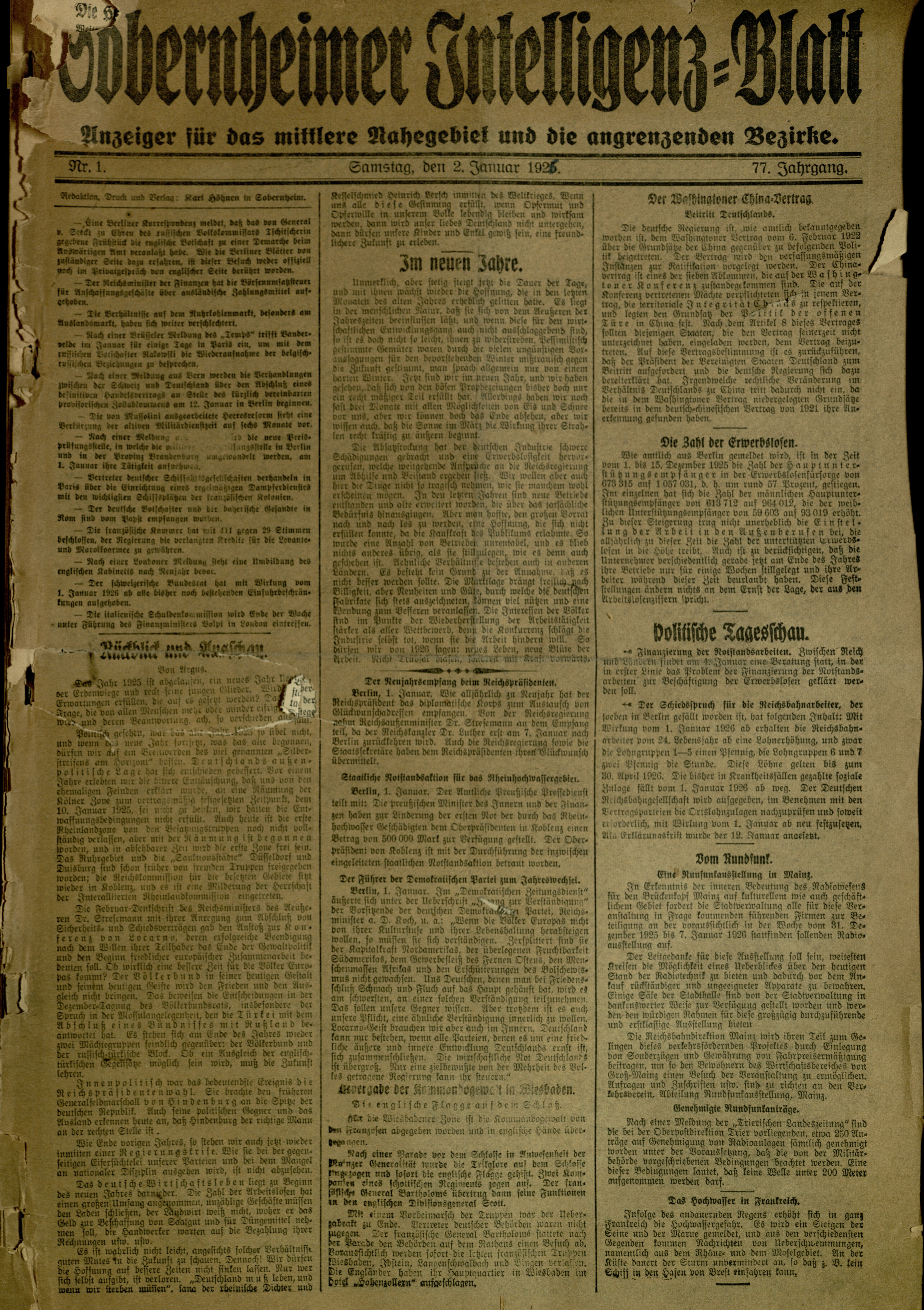 Zeitung: Sobernheimer Intelligenzblatt; Januar 1926, Jg. 73 Nr. 1 (Heimatmuseum Bad Sobernheim CC BY-NC-SA)