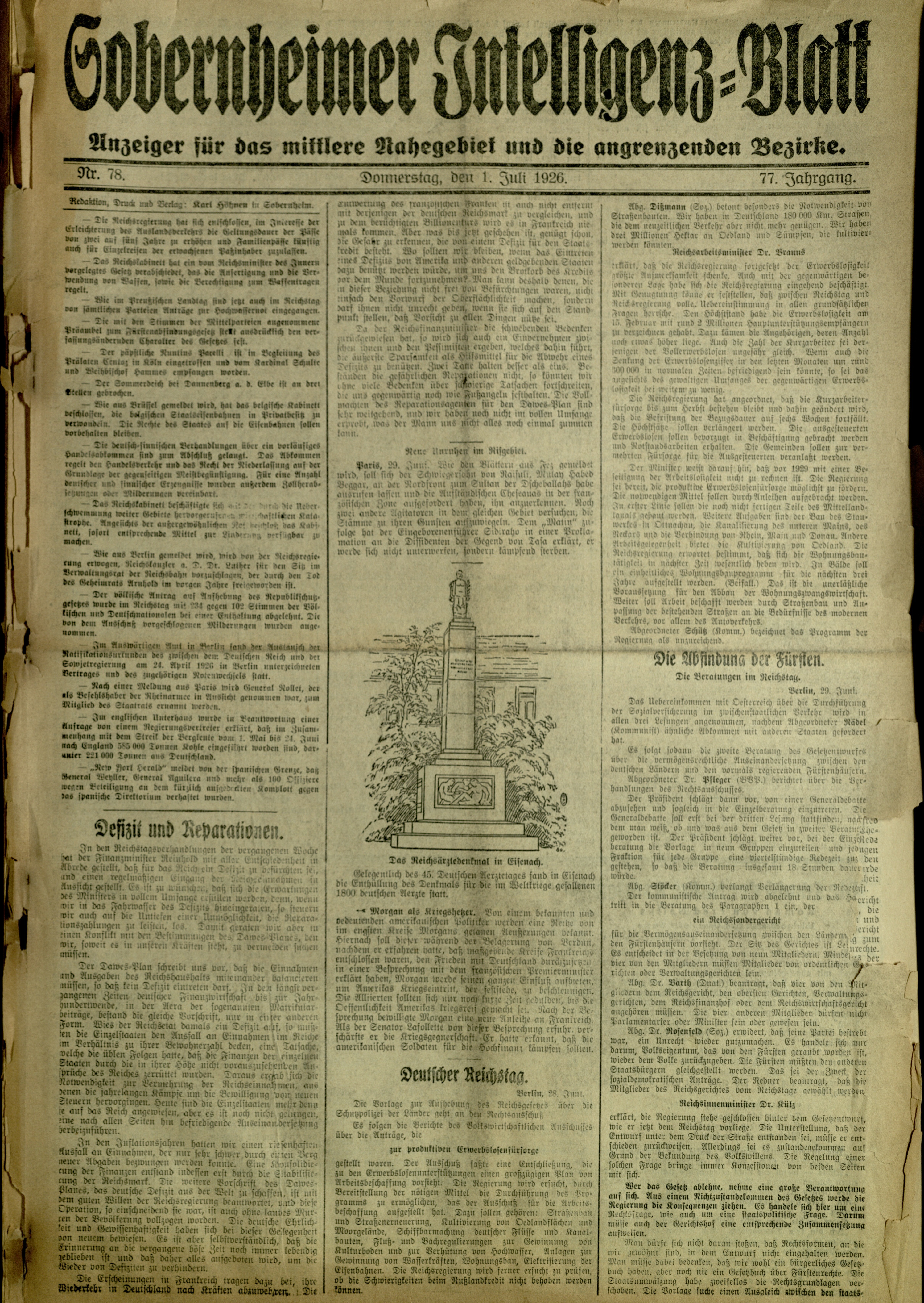 Zeitung: Sobernheimer Intelligenzblatt; Juli 1926, Jg. 73 Nr. 78 (Heimatmuseum Bad Sobernheim CC BY-NC-SA)