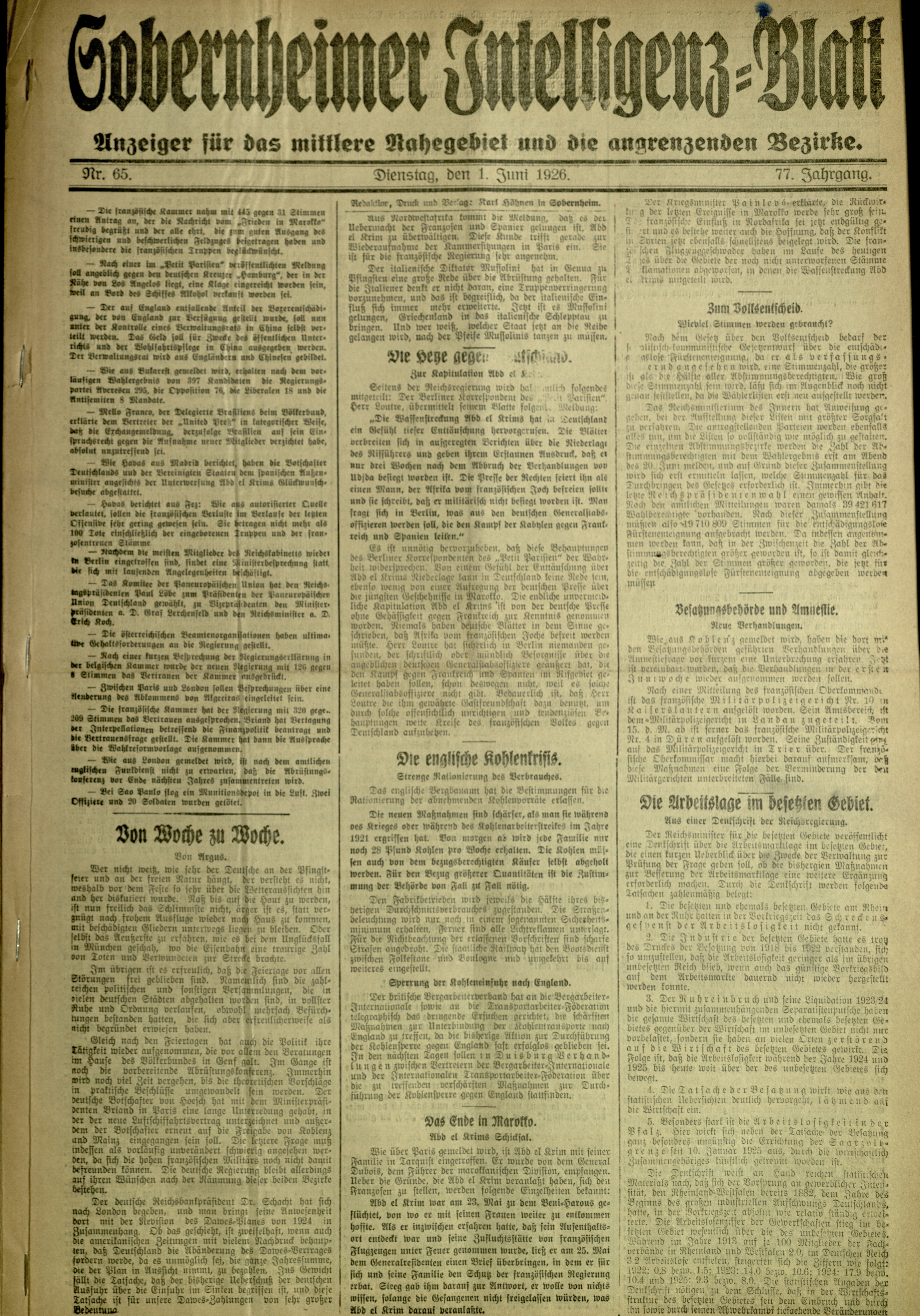 Zeitung: Sobernheimer Intelligenzblatt; Juni 1926, Jg. 73 Nr. 65 (Heimatmuseum Bad Sobernheim CC BY-NC-SA)