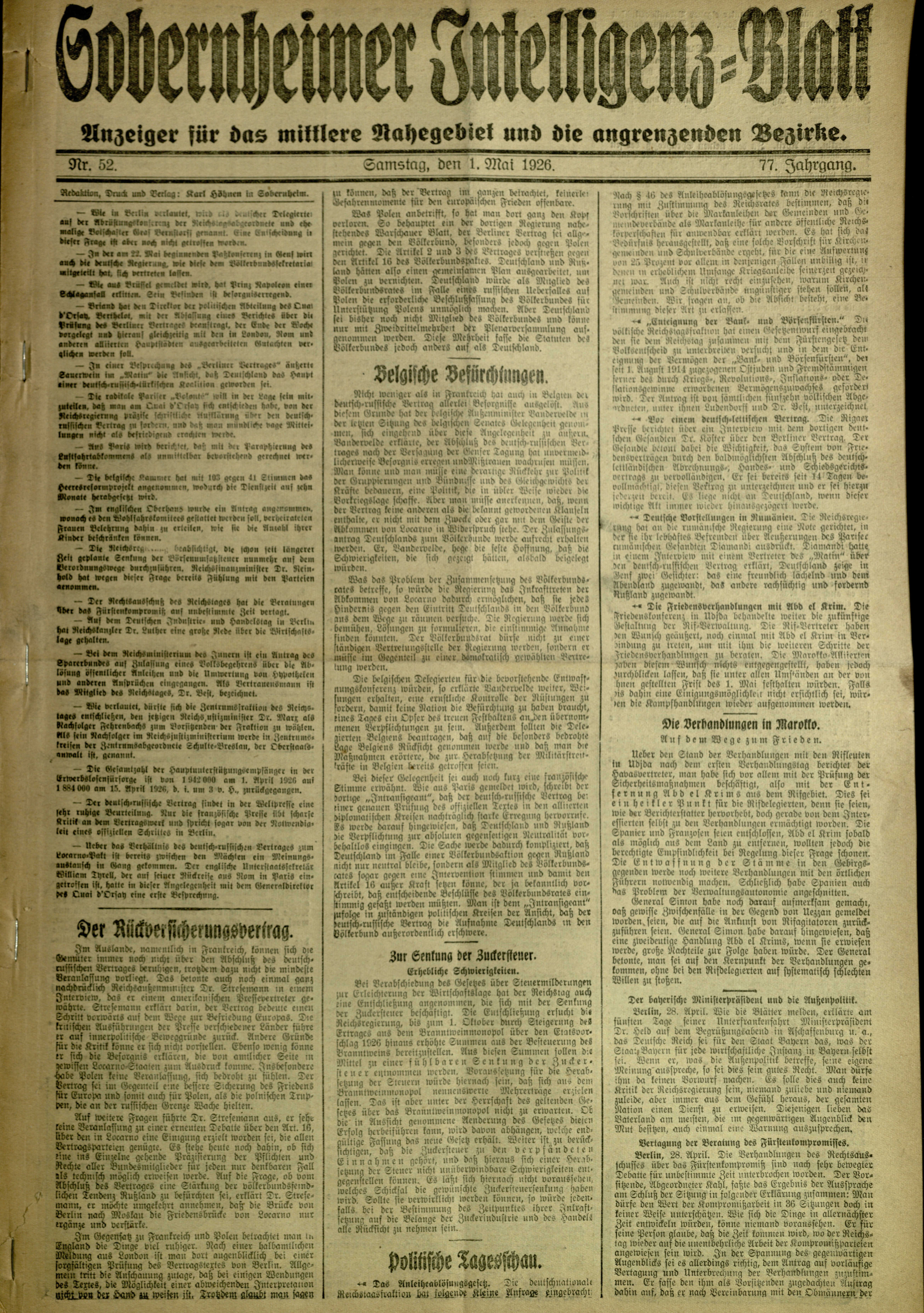 Zeitung: Sobernheimer Intelligenzblatt; Mai 1926, Jg. 73 Nr. 52 (Heimatmuseum Bad Sobernheim CC BY-NC-SA)