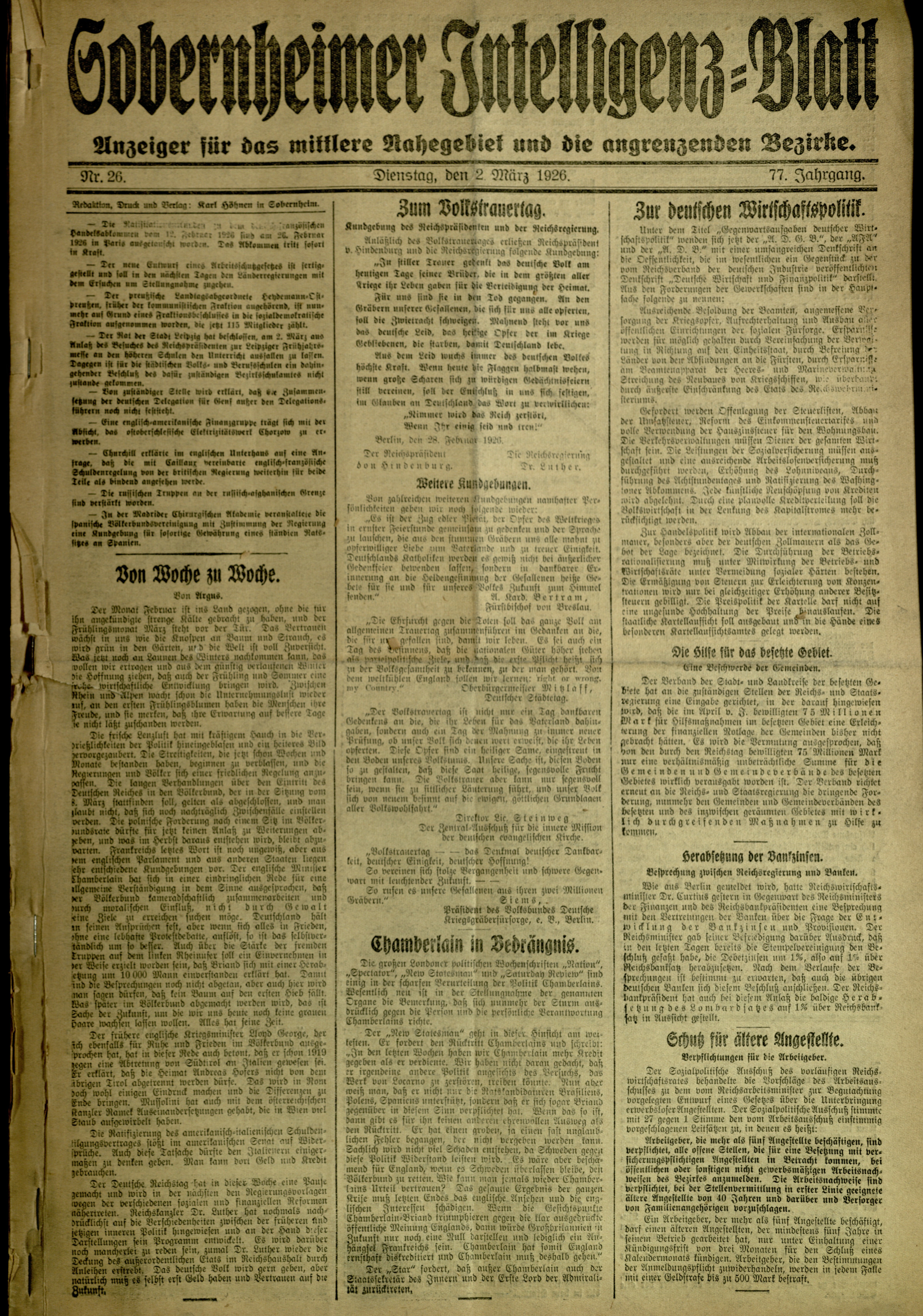 Zeitung: Sobernheimer Intelligenzblatt; März 1926, Jg. 73 Nr. 26 (Heimatmuseum Bad Sobernheim CC BY-NC-SA)