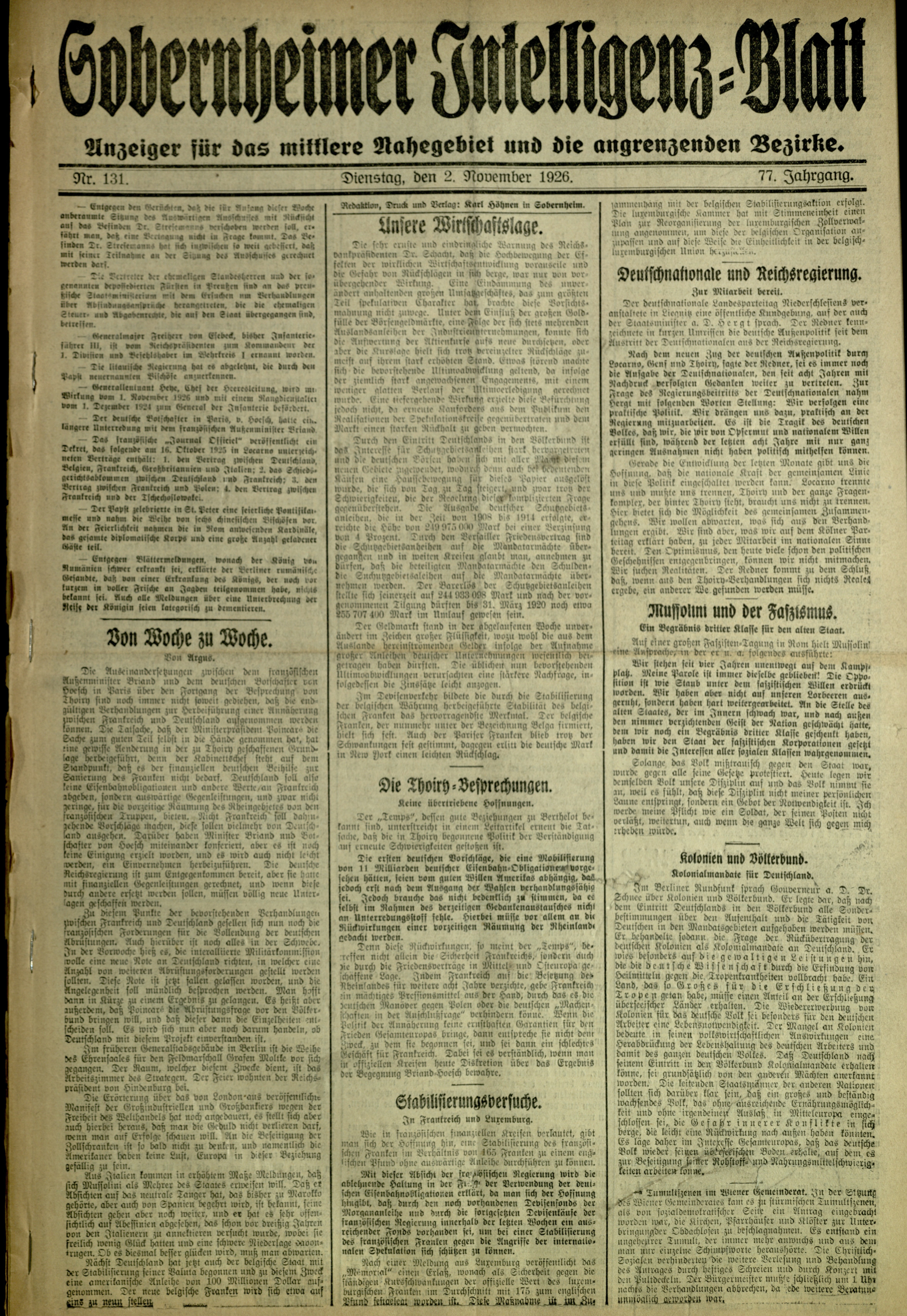 Zeitung: Sobernheimer Intelligenzblatt; November 1926, Jg. 73 Nr. 131 (Heimatmuseum Bad Sobernheim CC BY-NC-SA)