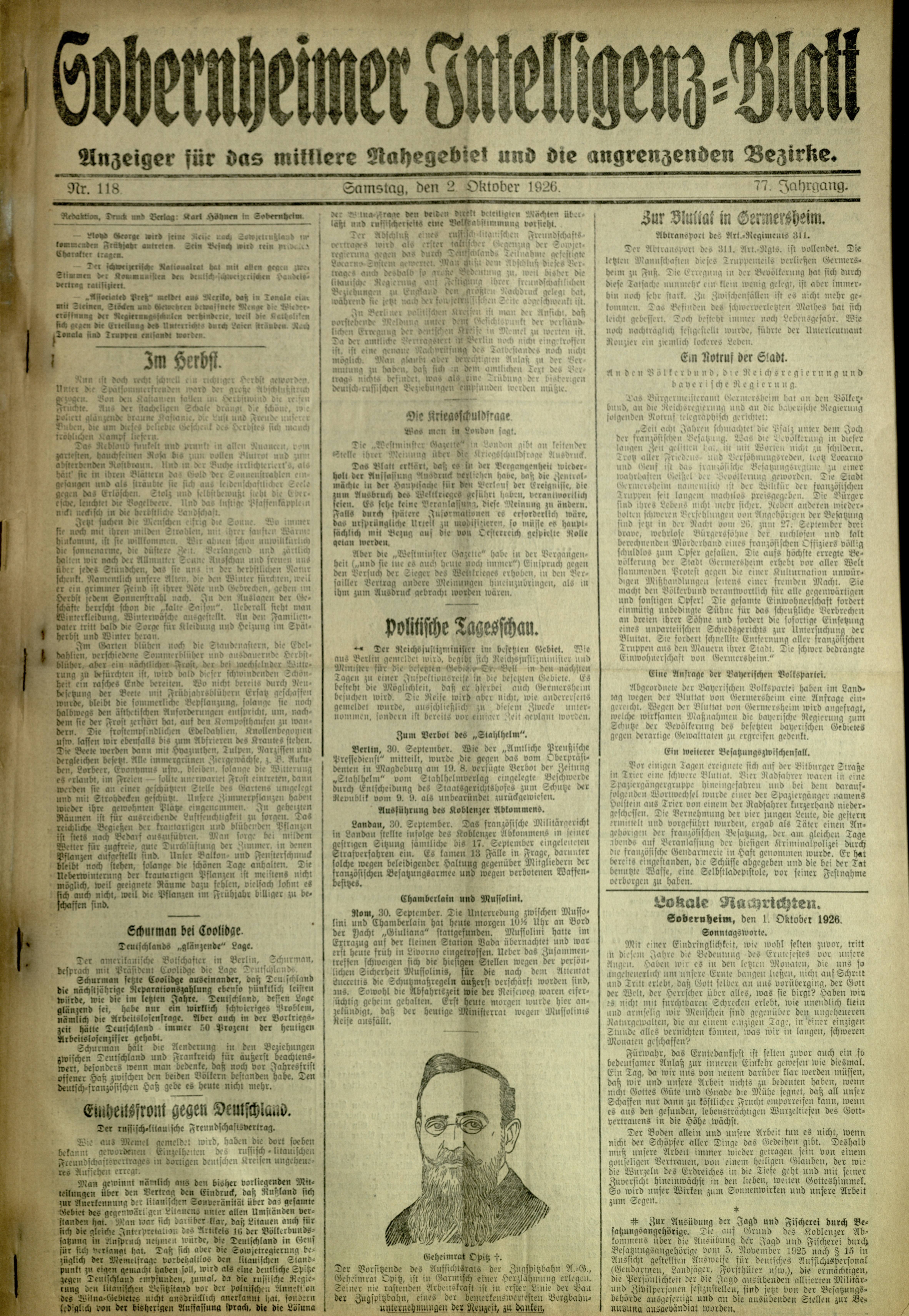 Zeitung: Sobernheimer Intelligenzblatt; Oktober 1926, Jg. 73 Nr. 118 (Heimatmuseum Bad Sobernheim CC BY-NC-SA)