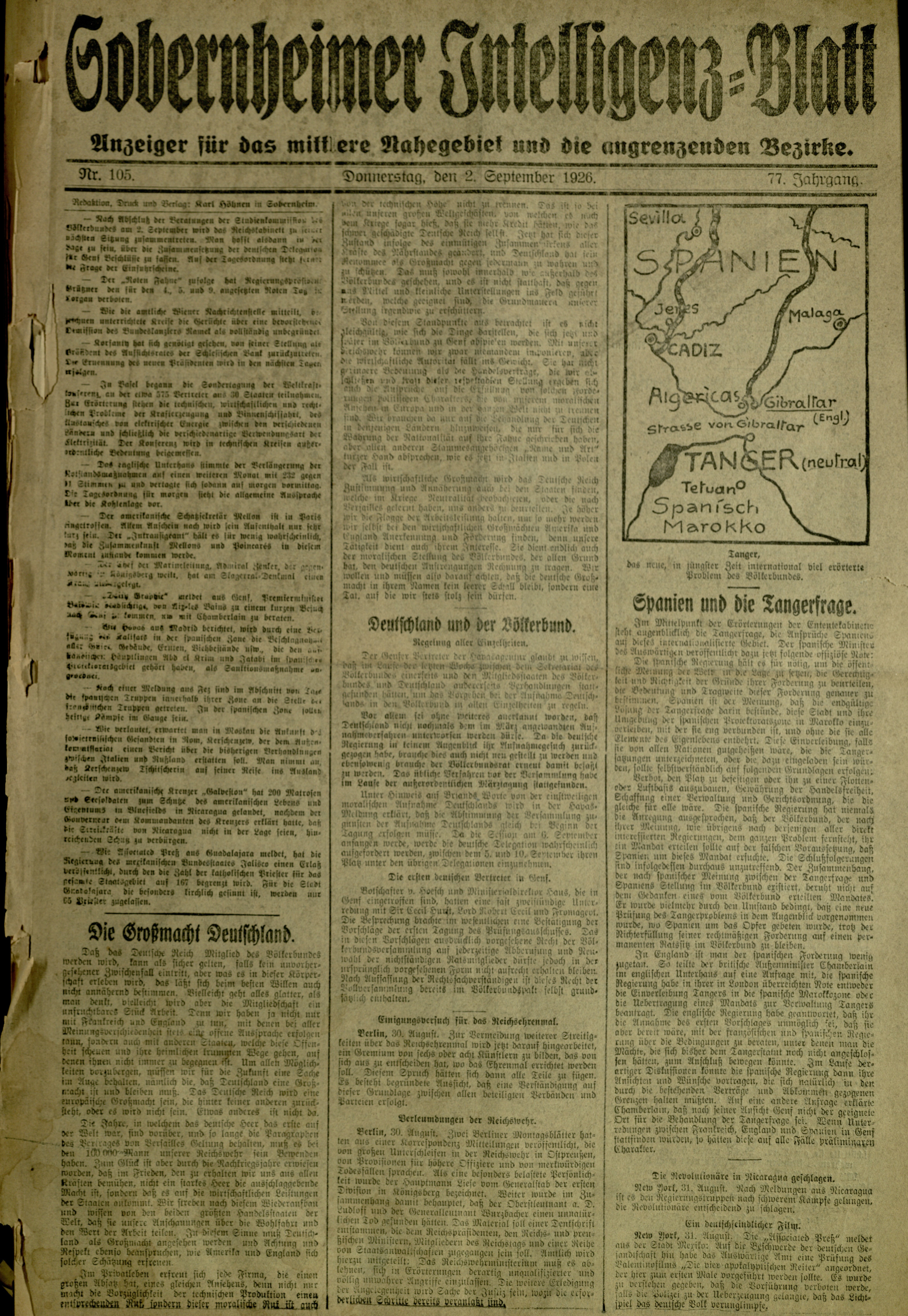 Zeitung: Sobernheimer Intelligenzblatt; September 1926, Jg. 73 Nr. 105 (Heimatmuseum Bad Sobernheim CC BY-NC-SA)
