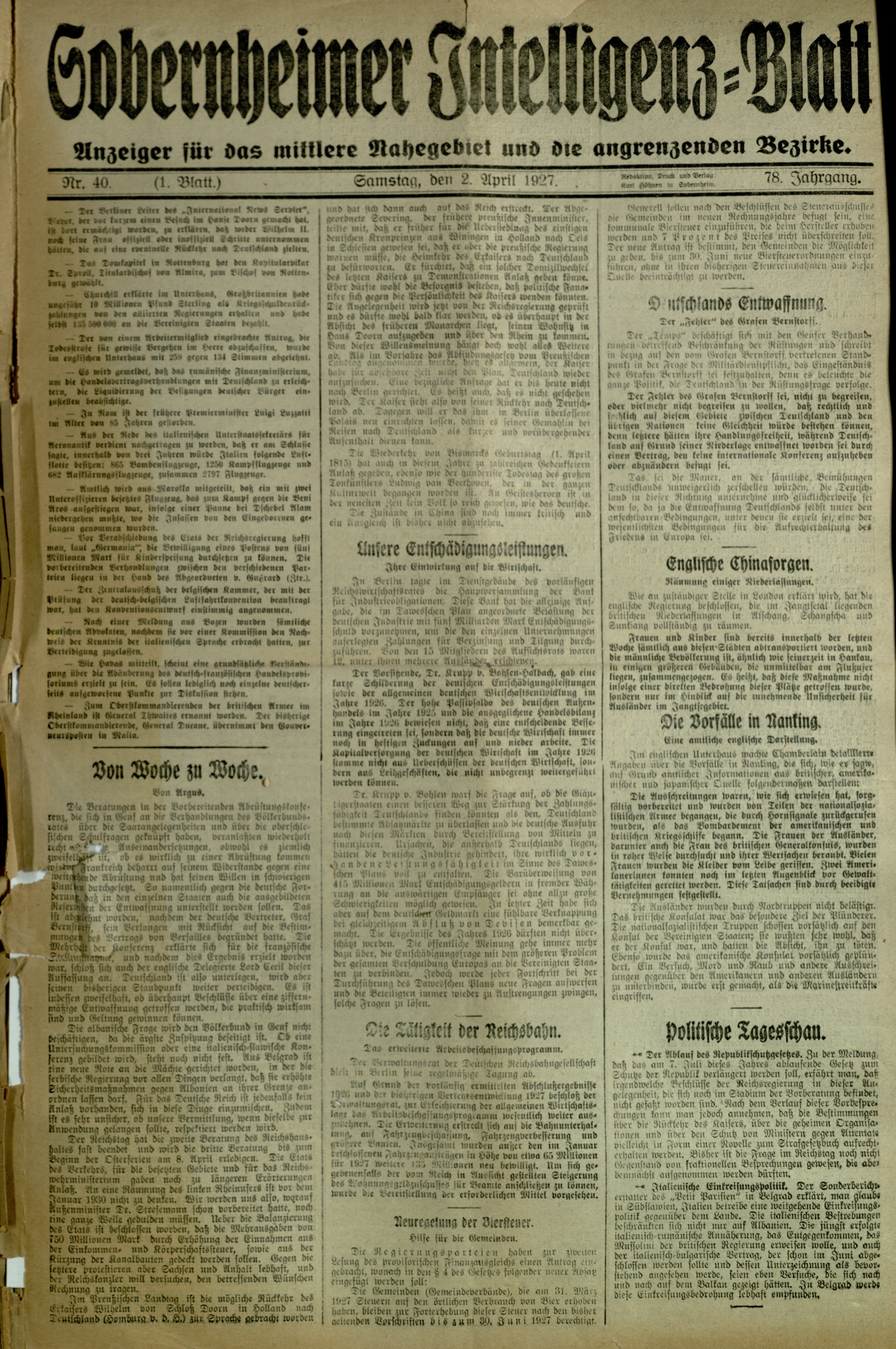 Zeitung: Sobernheimer Intelligenzblatt; April 1926, Jg. 78 Nr. 40 (Heimatmuseum Bad Sobernheim CC BY-NC-SA)