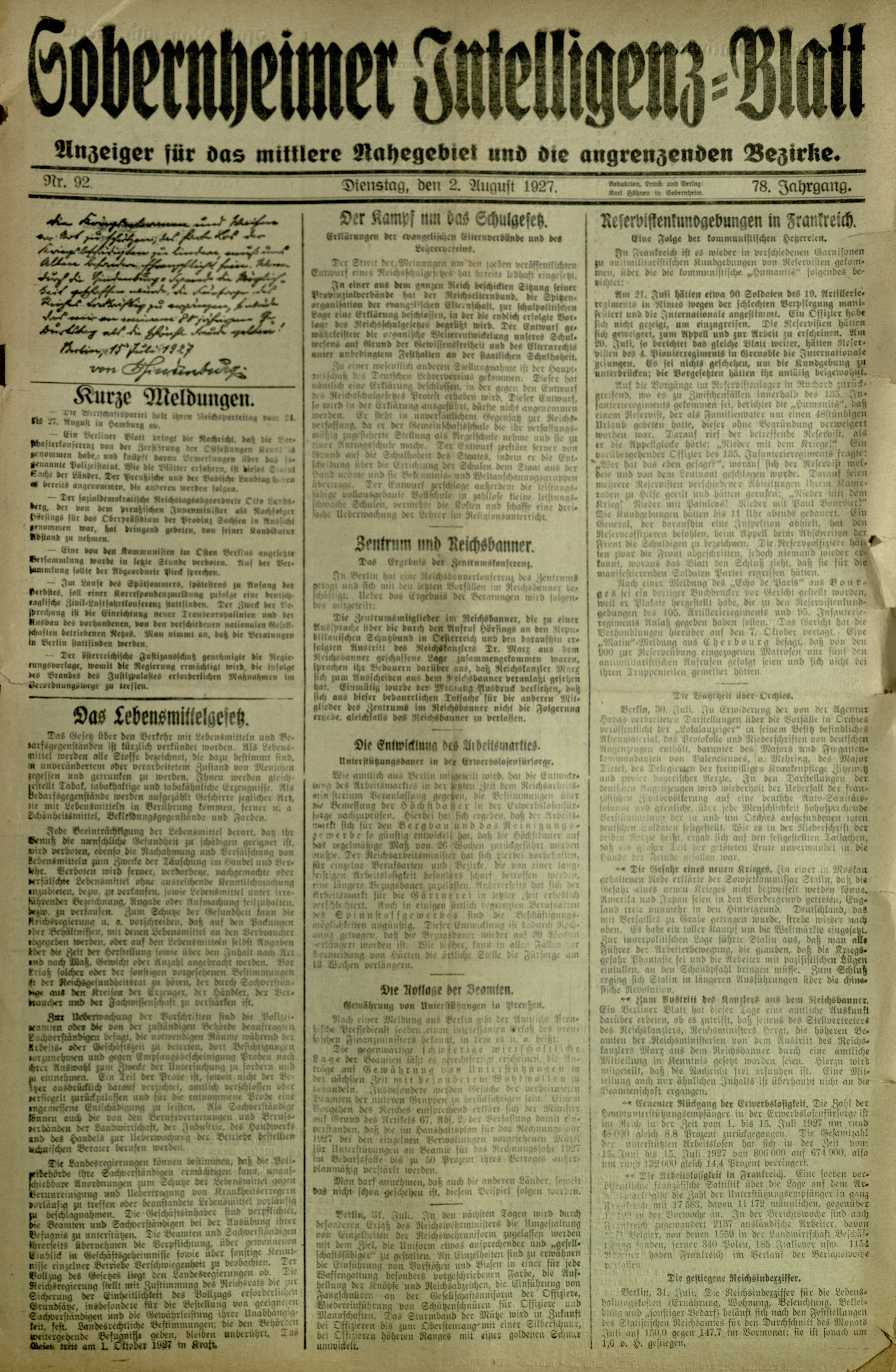 Zeitung: Sobernheimer Intelligenzblatt; August 1927, Jg. 78 Nr. 92 (Heimatmuseum Bad Sobernheim CC BY-NC-SA)