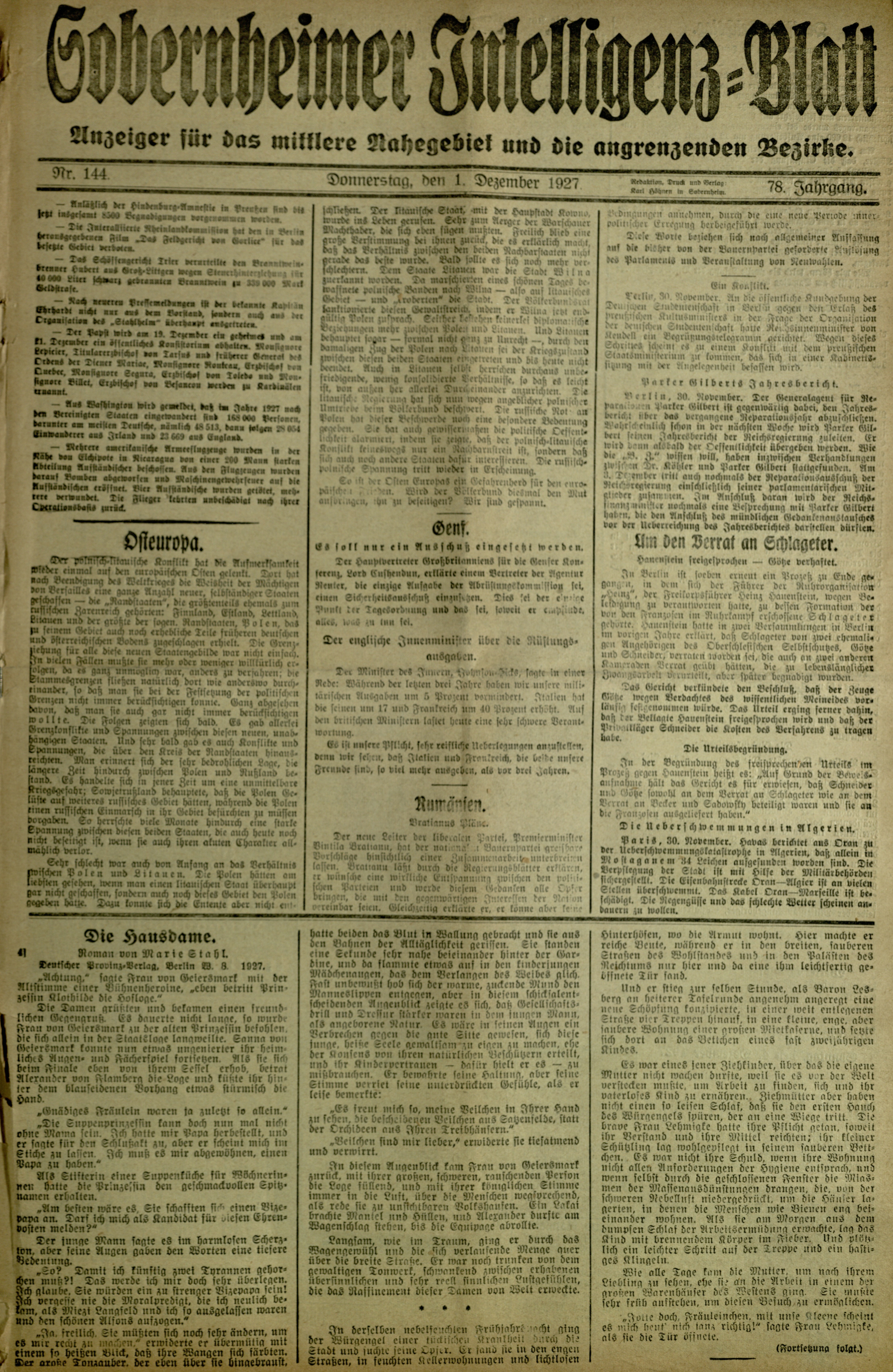 Zeitung: Sobernheimer Intelligenzblatt; Dezember 1927, Jg. 78 Nr. 144 (Heimatmuseum Bad Sobernheim CC BY-NC-SA)