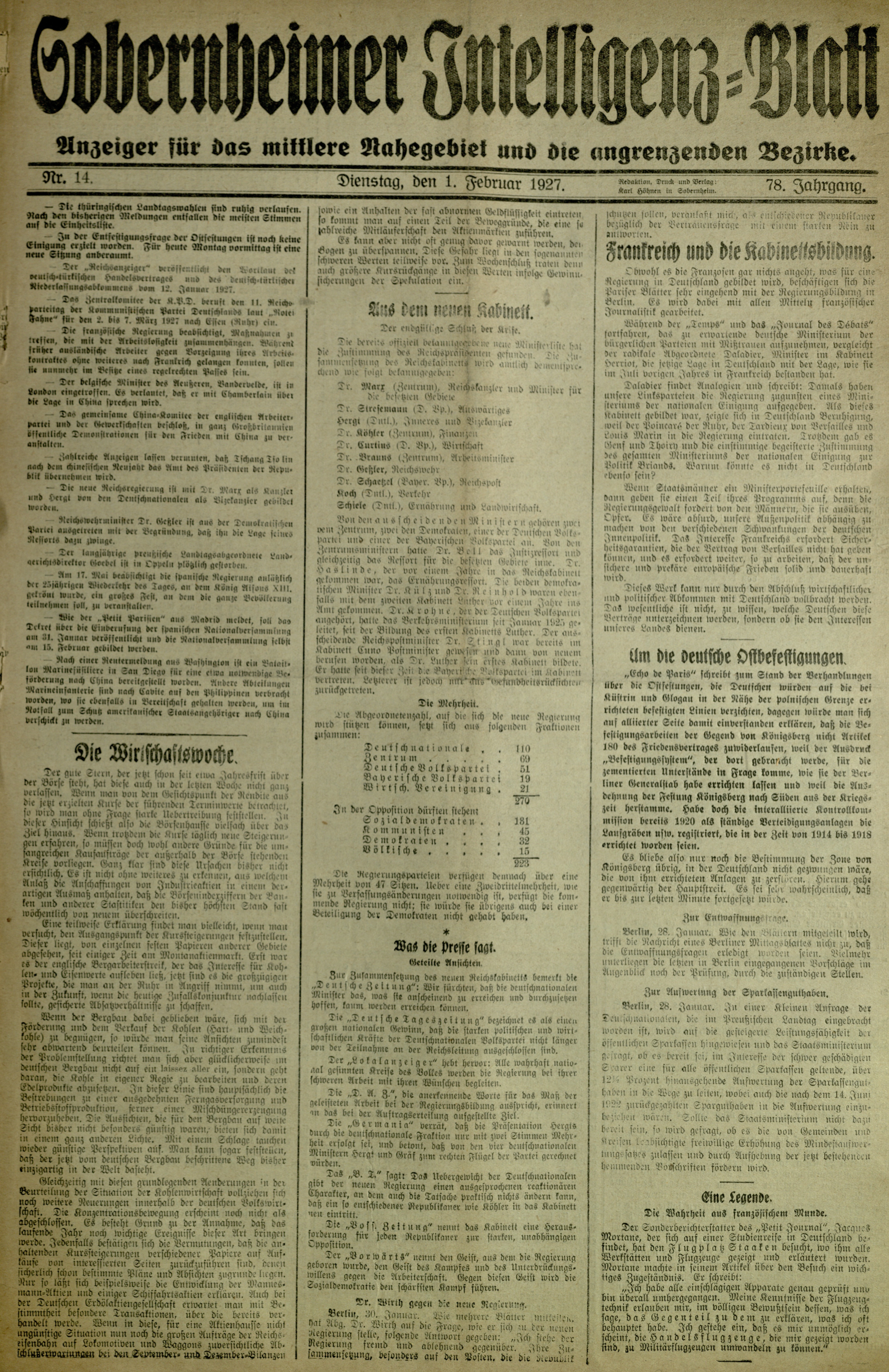 Zeitung: Sobernheimer Intelligenzblatt; Februar 1927, Jg. 78 Nr. 14 (Heimatmuseum Bad Sobernheim CC BY-NC-SA)