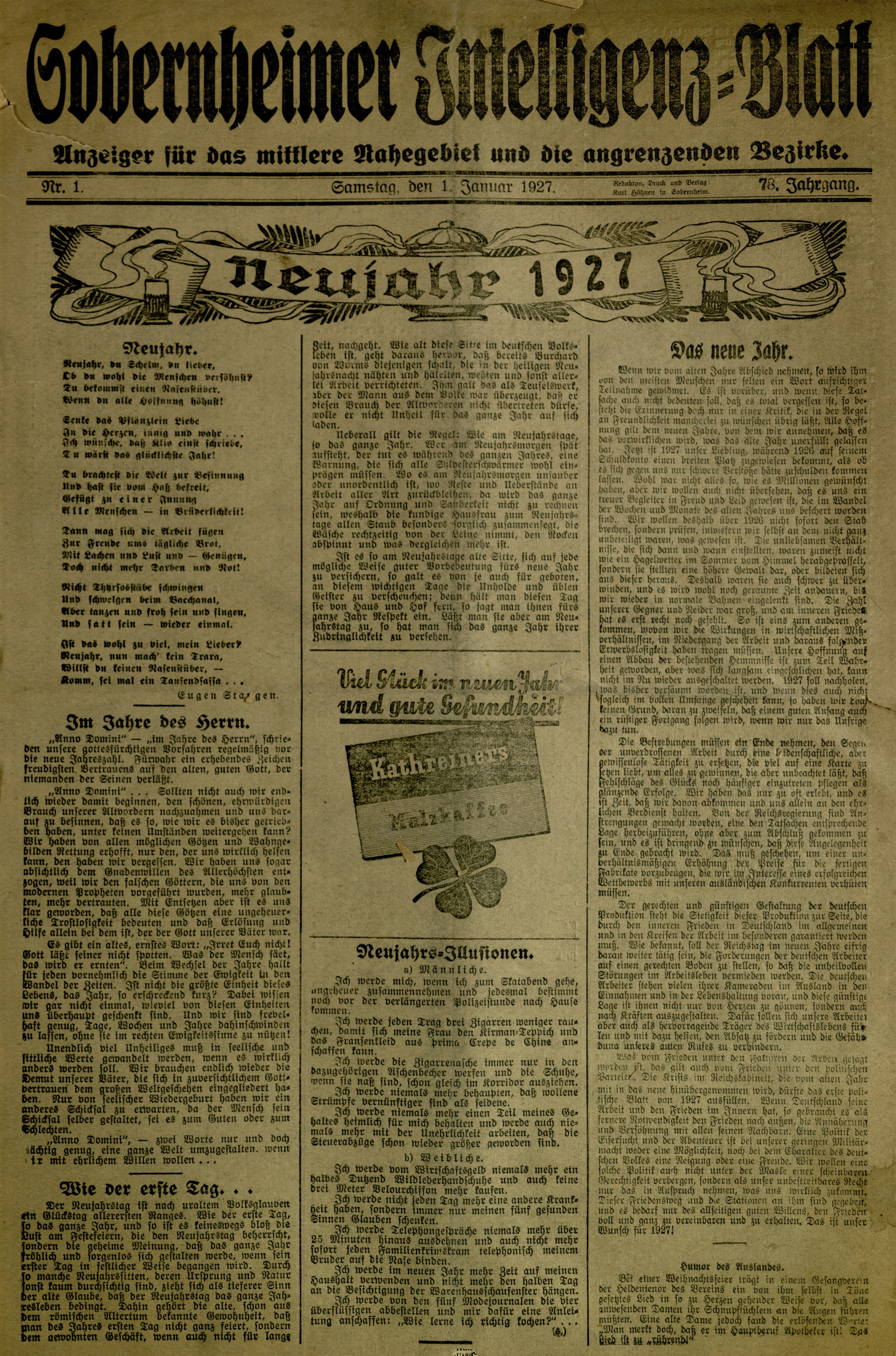 Zeitung: Sobernheimer Intelligenzblatt; Januar 1927, Jg. 78 Nr. 1 (Heimatmuseum Bad Sobernheim CC BY-NC-SA)