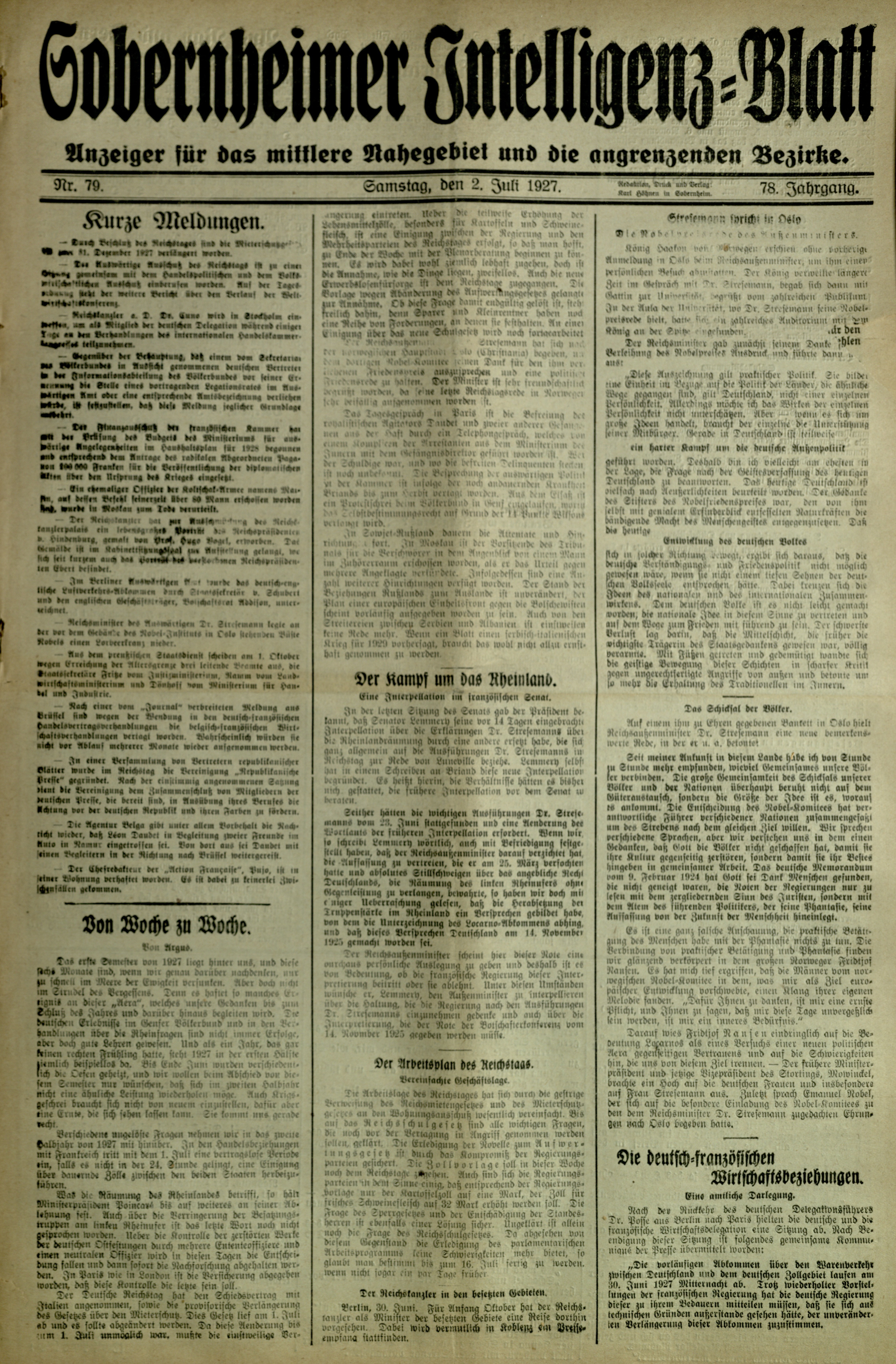Zeitung: Sobernheimer Intelligenzblatt; Juli 1927, Jg. 78 Nr. 79 (Heimatmuseum Bad Sobernheim CC BY-NC-SA)