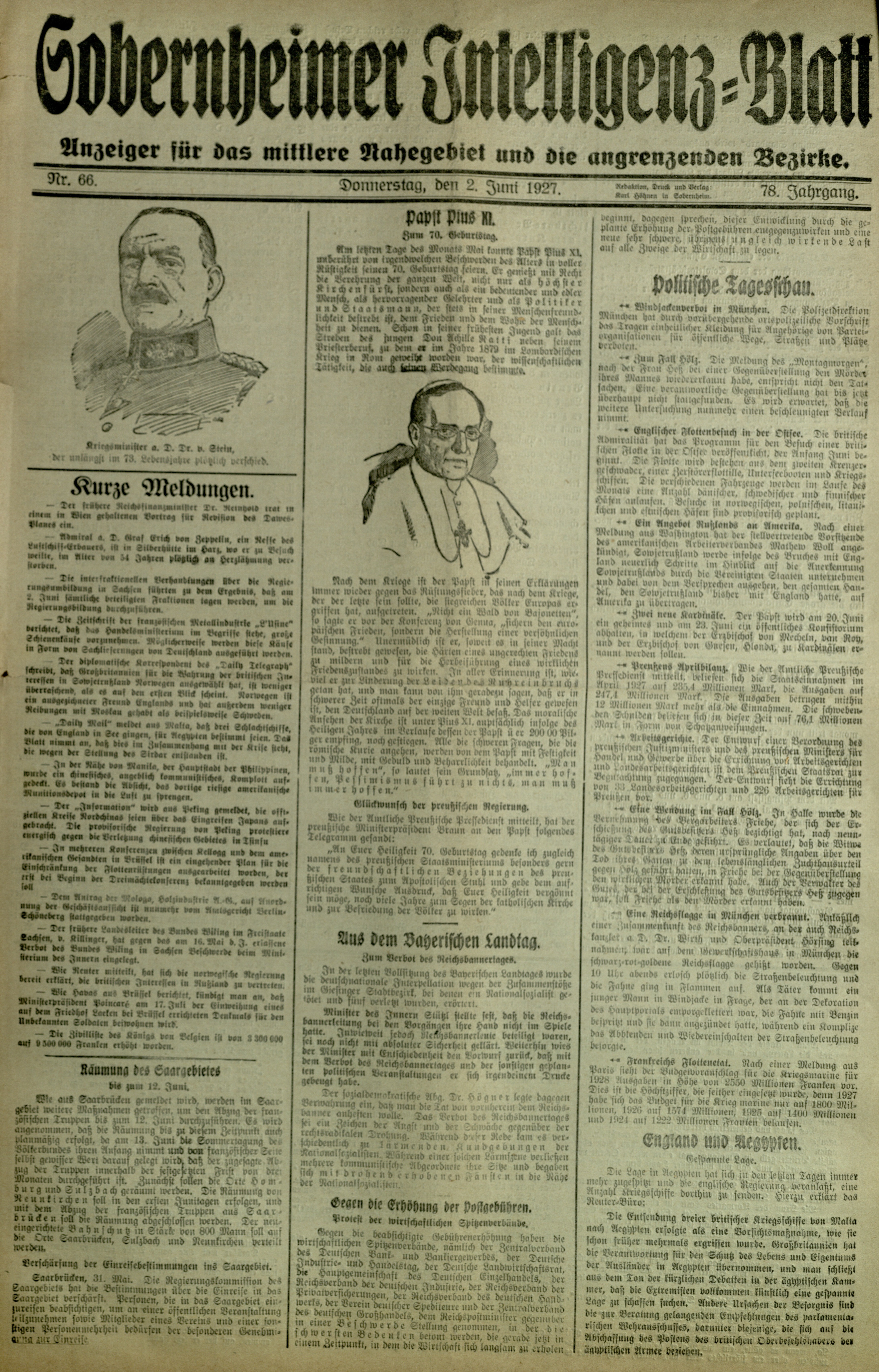 Zeitung: Sobernheimer Intelligenzblatt; Juni 1927, Jg. 78 Nr. 66 (Heimatmuseum Bad Sobernheim CC BY-NC-SA)