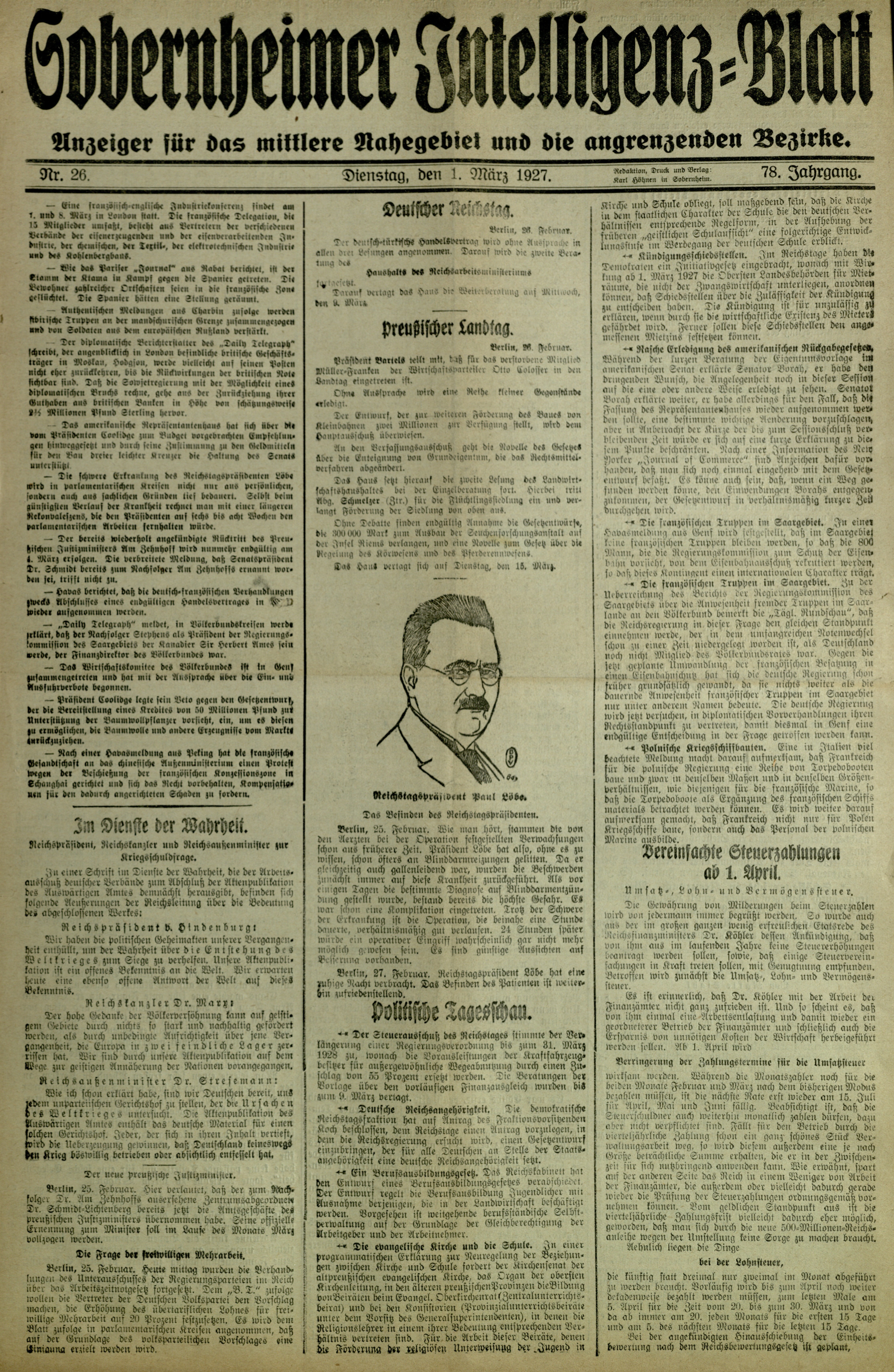 Zeitung: Sobernheimer Intelligenzblatt; März 1927, Jg. 78 Nr. 26 (Heimatmuseum Bad Sobernheim CC BY-NC-SA)