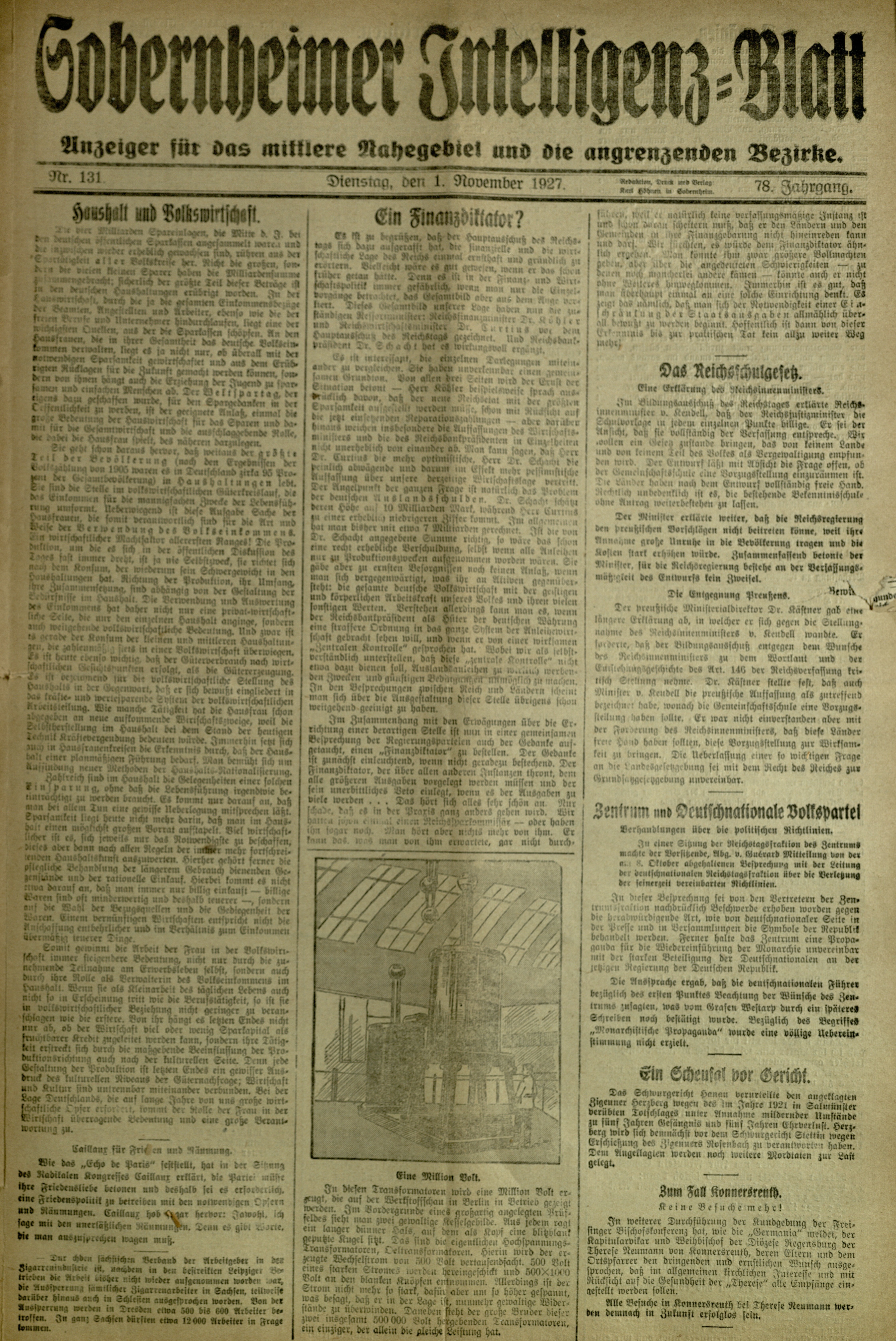 Zeitung: Sobernheimer Intelligenzblatt; November 1927, Jg. 78 Nr. 131 (Heimatmuseum Bad Sobernheim CC BY-NC-SA)
