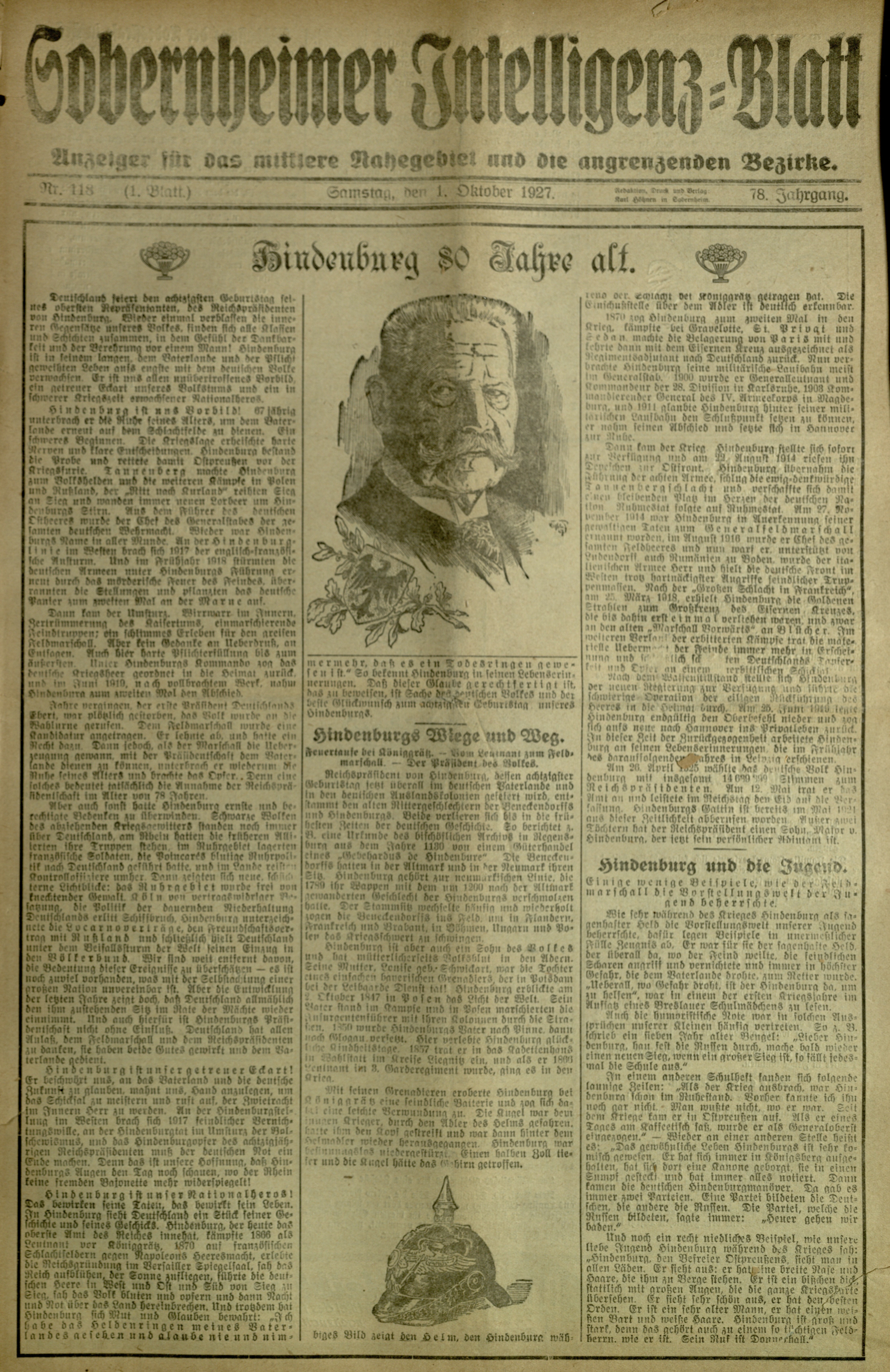 Zeitung: Sobernheimer Intelligenzblatt; Oktober 1927, Jg. 78 Nr. 118 (Heimatmuseum Bad Sobernheim CC BY-NC-SA)