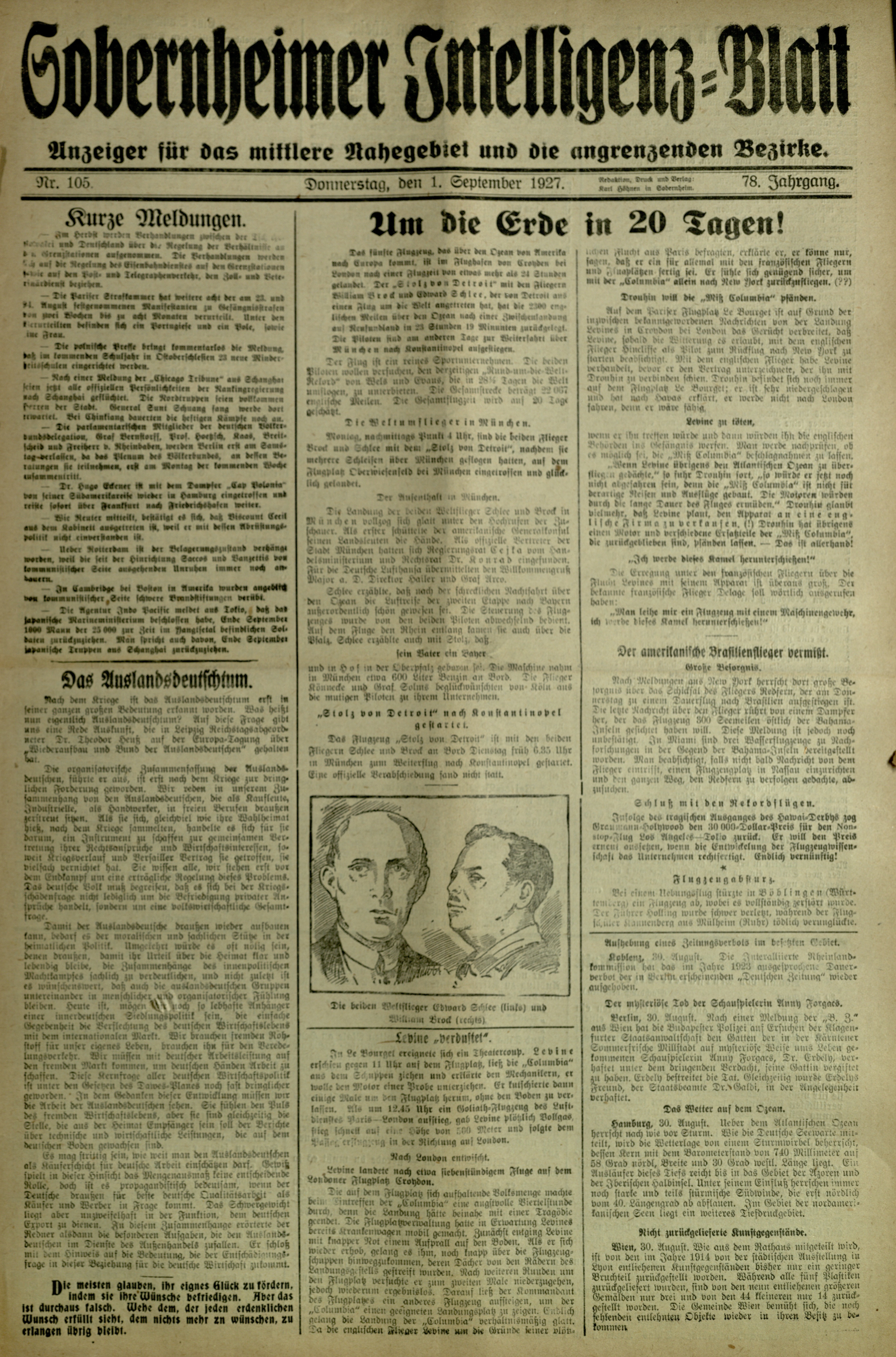 Zeitung: Sobernheimer Intelligenzblatt; September 1927, Jg. 78 Nr. 105 (Heimatmuseum Bad Sobernheim CC BY-NC-SA)