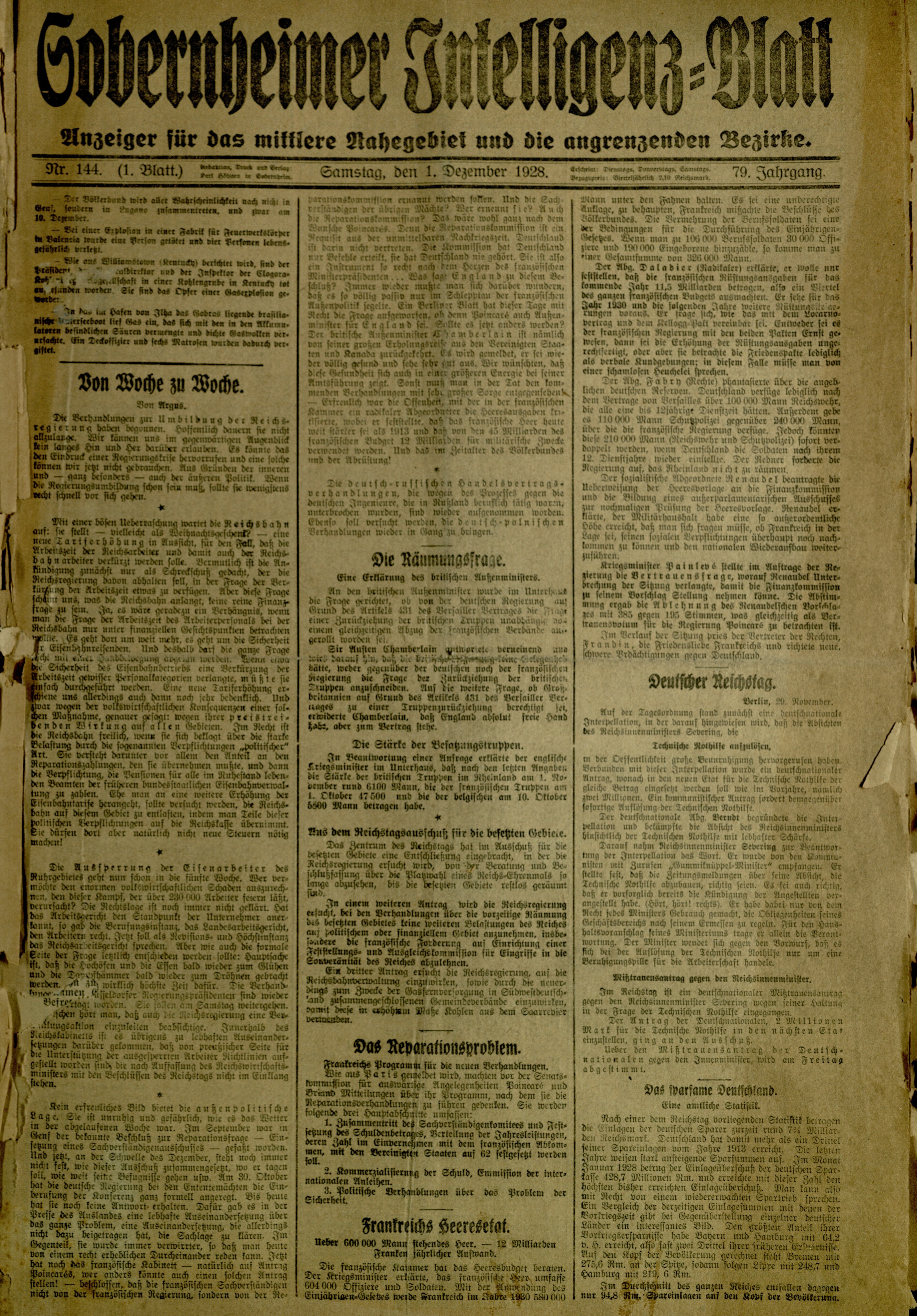 Zeitung: Sobernheimer Intelligenzblatt; Dezember 1928, Jg. 79 Nr. 144 (Heimatmuseum Bad Sobernheim CC BY-NC-SA)