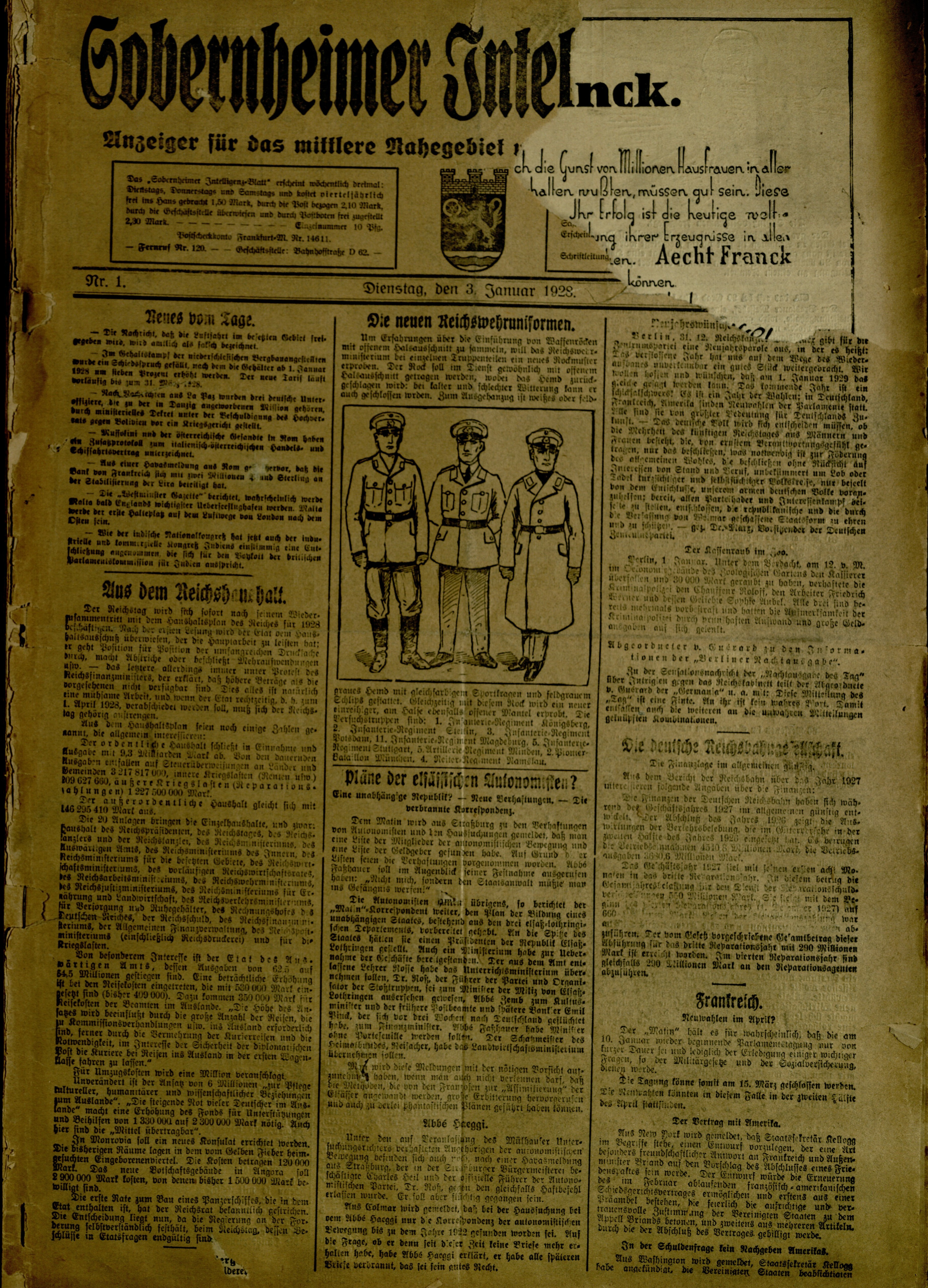 Zeitung: Sobernheimer Intelligenzblatt; Januar 1928, Jg. 79 Nr. 1 (Heimatmuseum Bad Sobernheim CC BY-NC-SA)