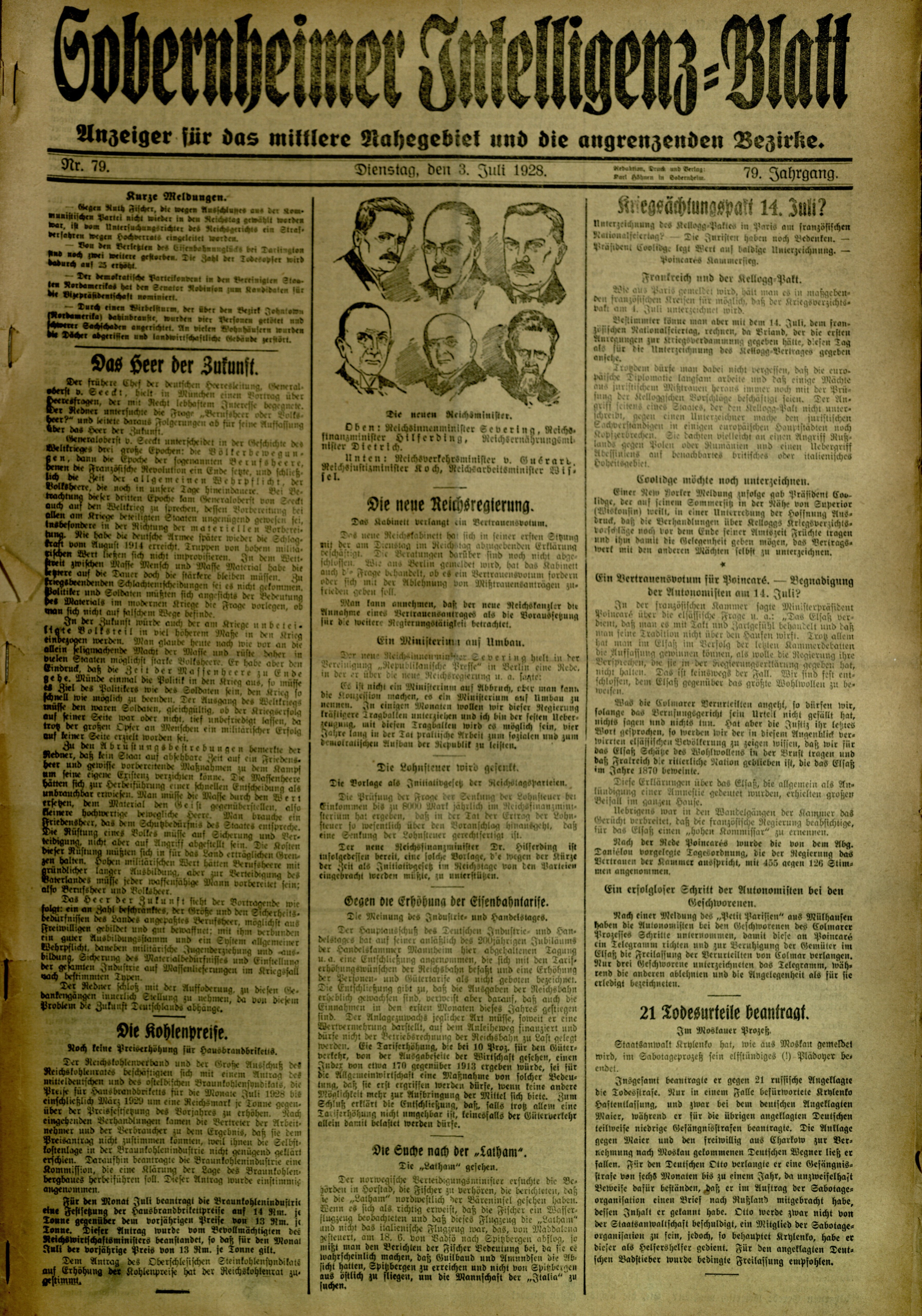 Zeitung: Sobernheimer Intelligenzblatt; Juli 1928, Jg. 79 Nr. 79 (Heimatmuseum Bad Sobernheim CC BY-NC-SA)