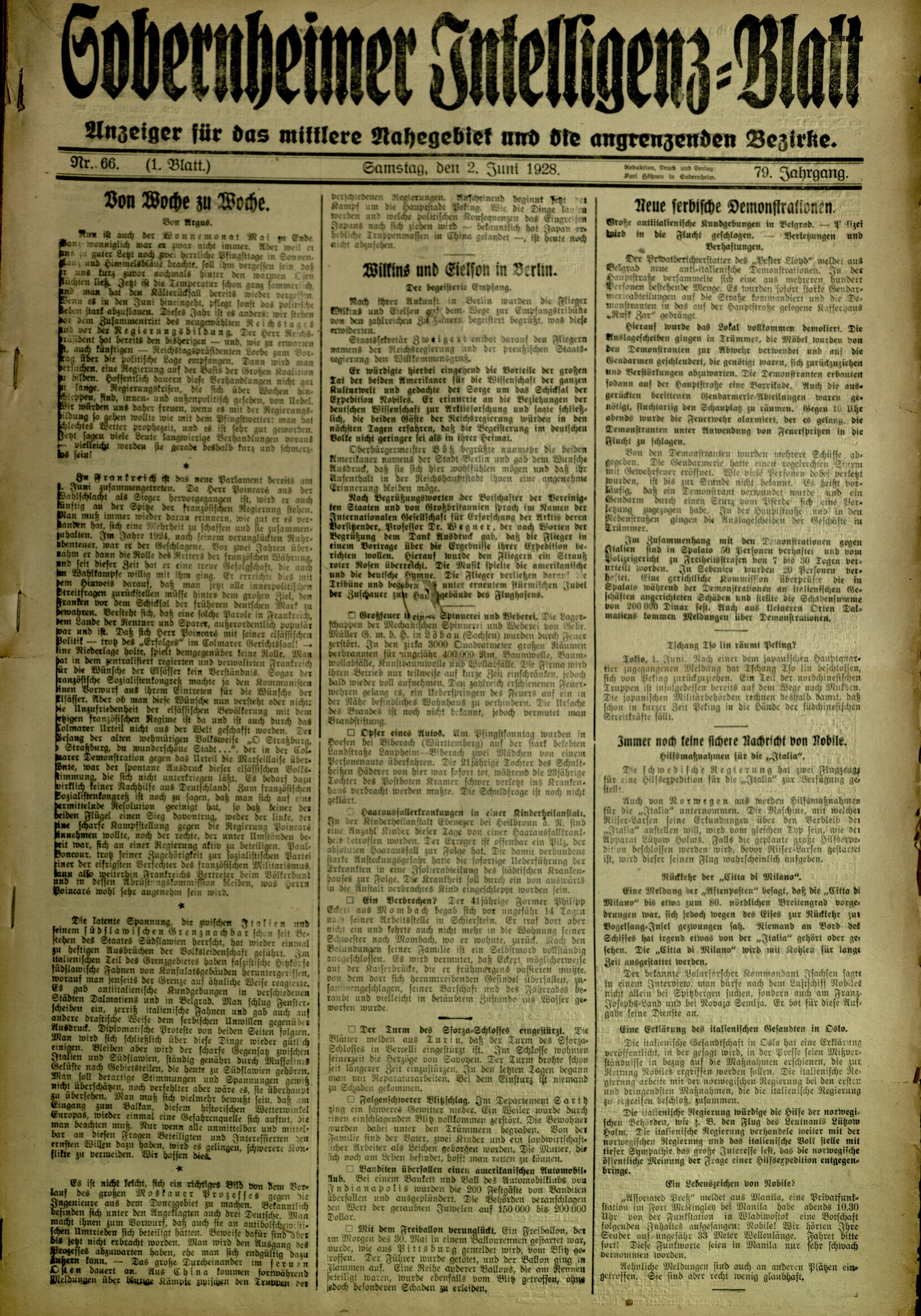 Zeitung: Sobernheimer Intelligenzblatt; Juni 1928, Jg. 79 Nr. 66 (Heimatmuseum Bad Sobernheim CC BY-NC-SA)