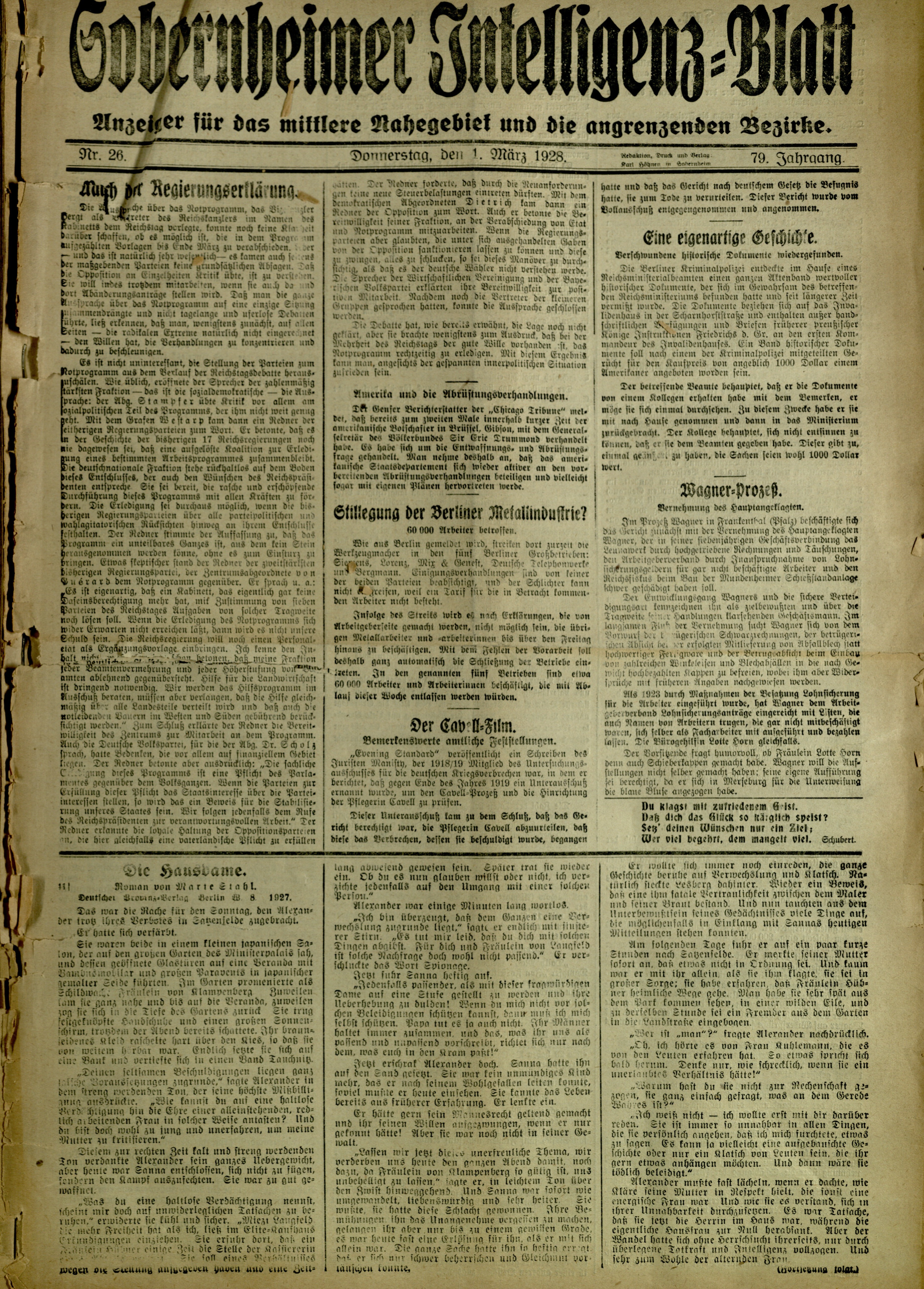 Zeitung: Sobernheimer Intelligenzblatt; März 1928, Jg. 79 Nr. 26 (Heimatmuseum Bad Sobernheim CC BY-NC-SA)