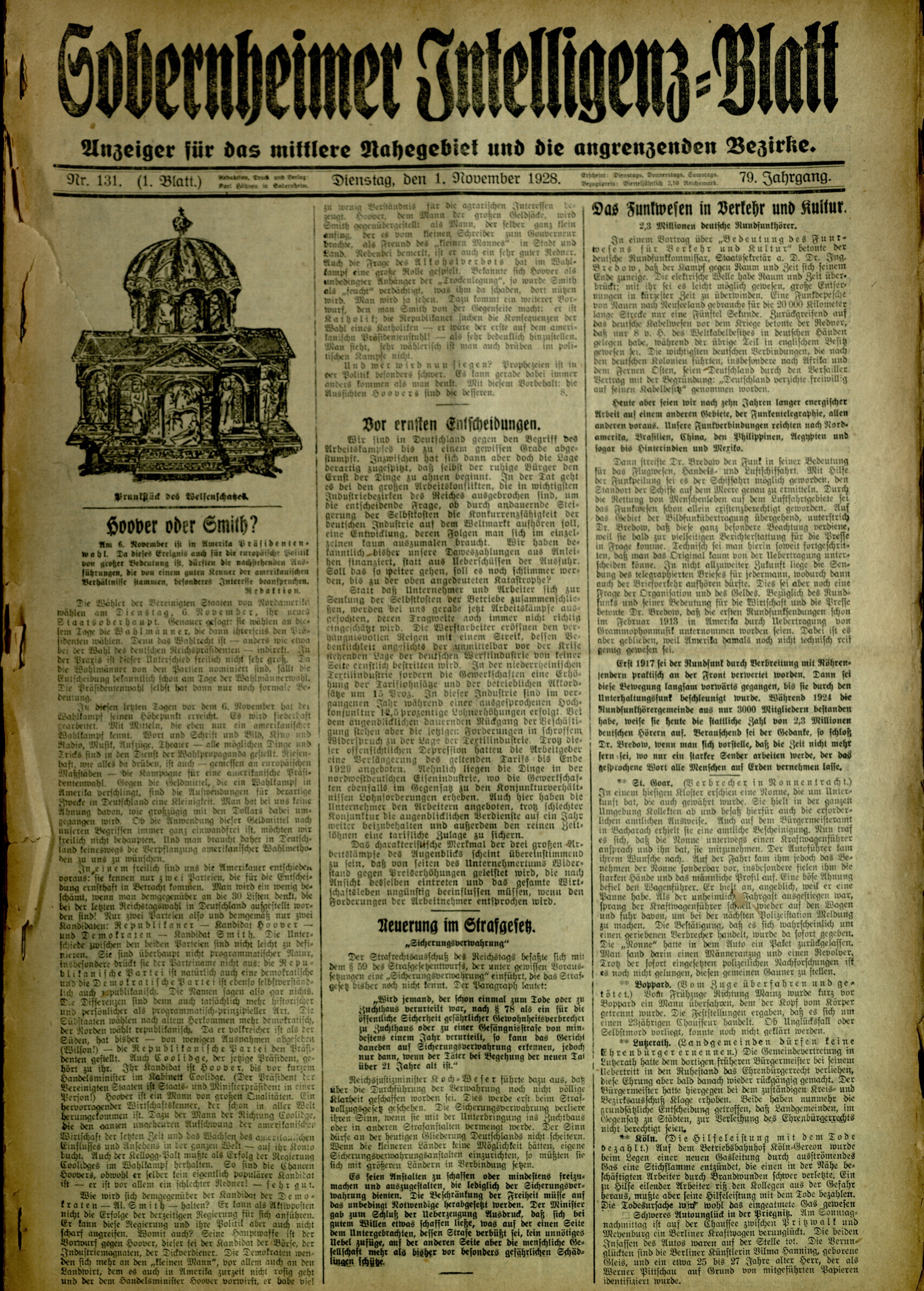 Zeitung: Sobernheimer Intelligenzblatt; November 1928, Jg. 79 Nr. 131 (Heimatmuseum Bad Sobernheim CC BY-NC-SA)