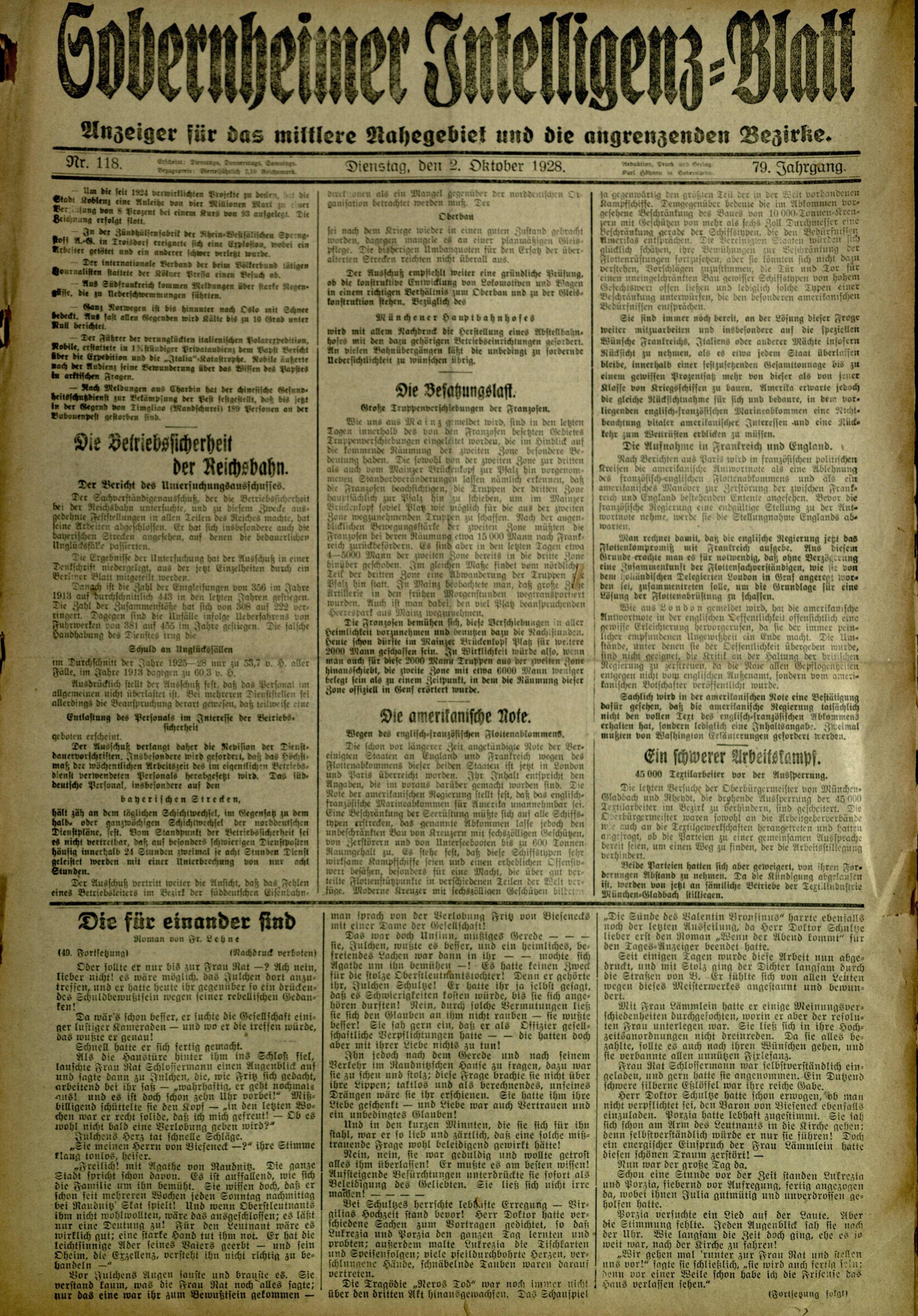 Zeitung: Sobernheimer Intelligenzblatt; Oktober 1928, Jg. 79 Nr. 118 (Heimatmuseum Bad Sobernheim CC BY-NC-SA)