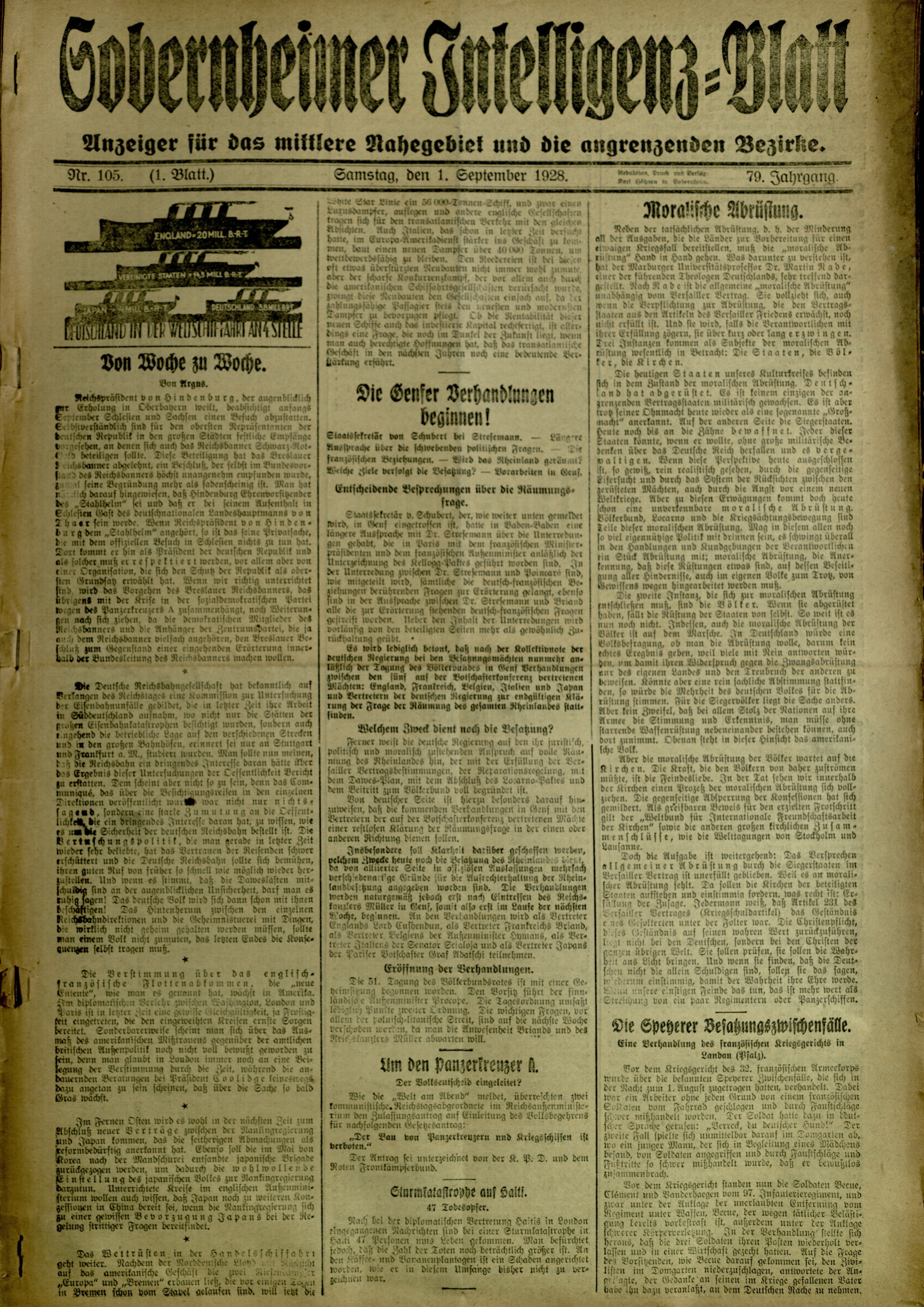Zeitung: Sobernheimer Intelligenzblatt; September 1928, Jg. 79 Nr. 105 (Heimatmuseum Bad Sobernheim CC BY-NC-SA)