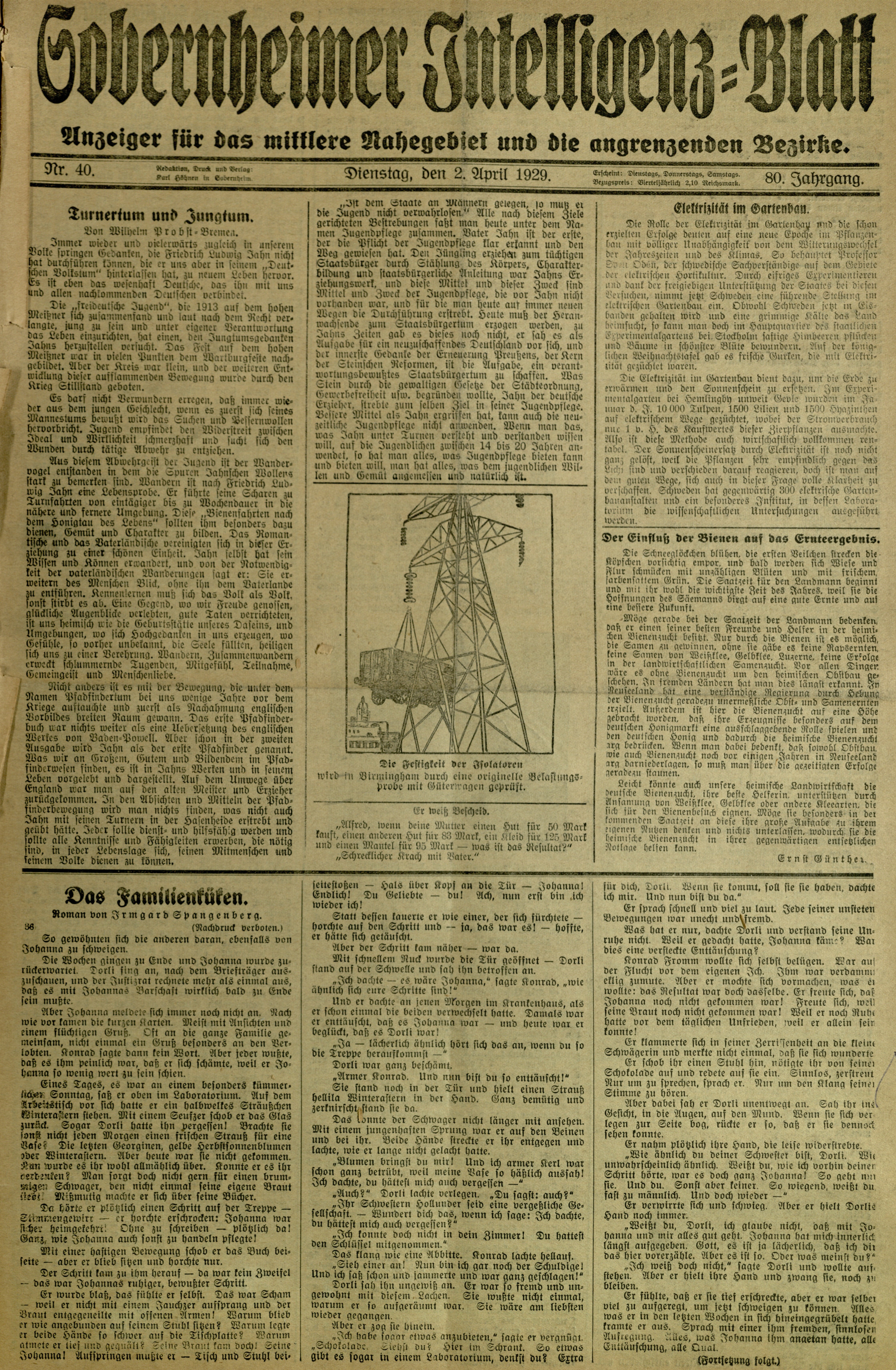 Zeitung: Sobernheimer Intelligenzblatt; September 1929, Jg. 80 Nr. 40 (Heimatmuseum Bad Sobernheim CC BY-NC-SA)