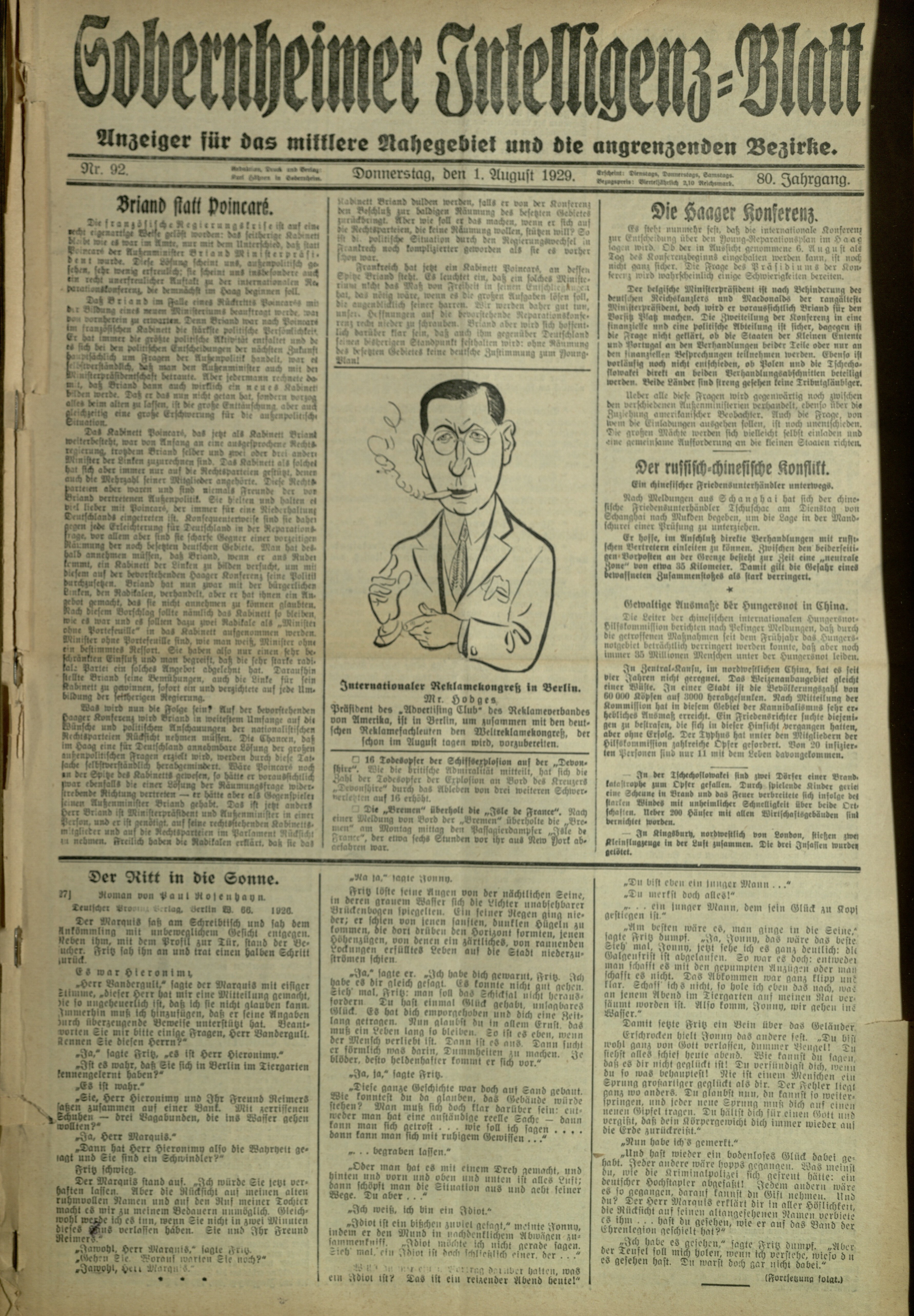 Zeitung: Sobernheimer Intelligenzblatt; August 1929, Jg. 80 Nr. 92 (Heimatmuseum Bad Sobernheim CC BY-NC-SA)
