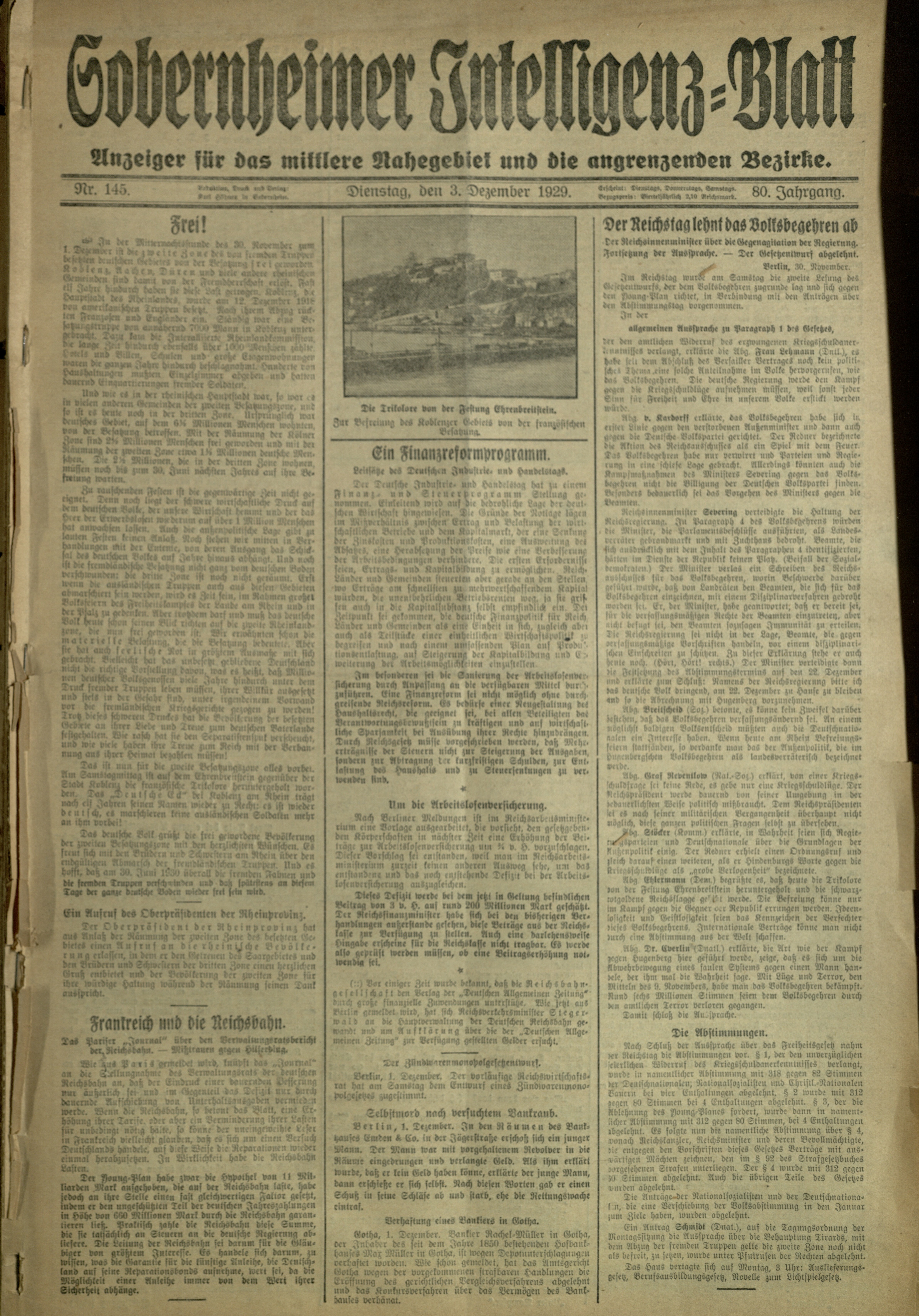 Zeitung: Sobernheimer Intelligenzblatt; Dezember 1929, Jg. 80 Nr. 145 (Heimatmuseum Bad Sobernheim CC BY-NC-SA)