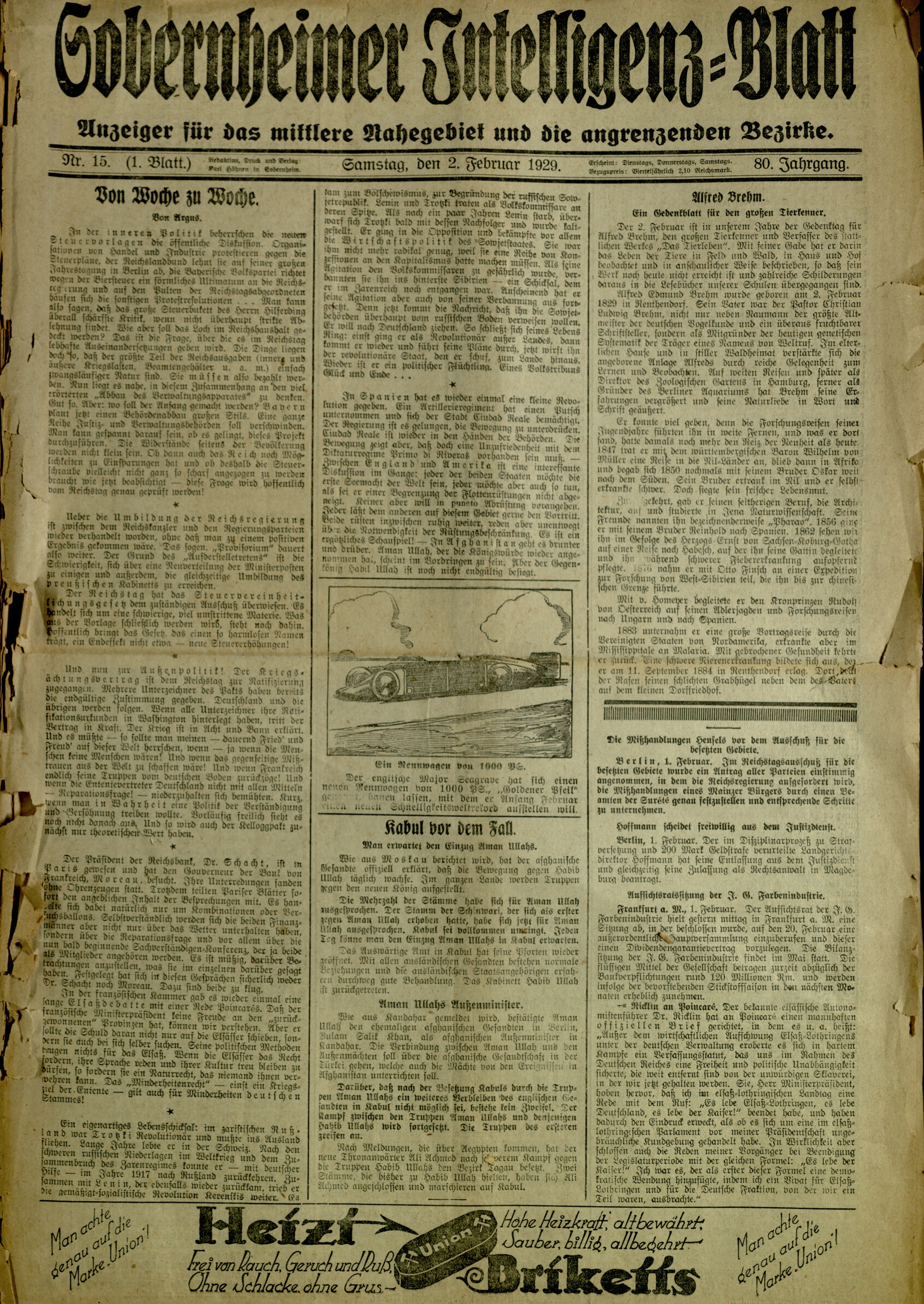 Zeitung: Sobernheimer Intelligenzblatt; Februar 1929, Jg. 80 Nr. 15 (Heimatmuseum Bad Sobernheim CC BY-NC-SA)