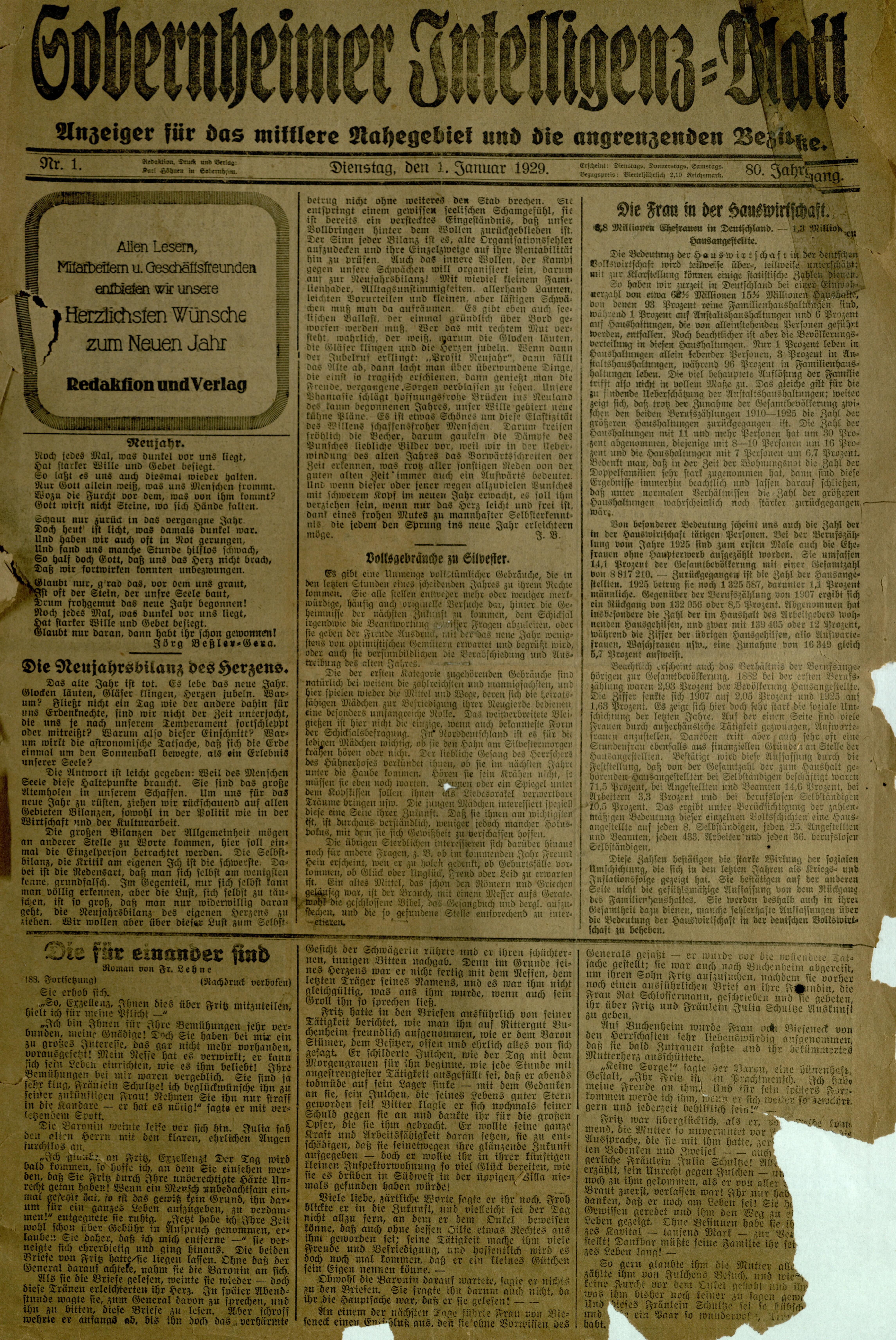 Zeitung: Sobernheimer Intelligenzblatt; Januar 1929, Jg. 80 Nr. 1 (Heimatmuseum Bad Sobernheim CC BY-NC-SA)