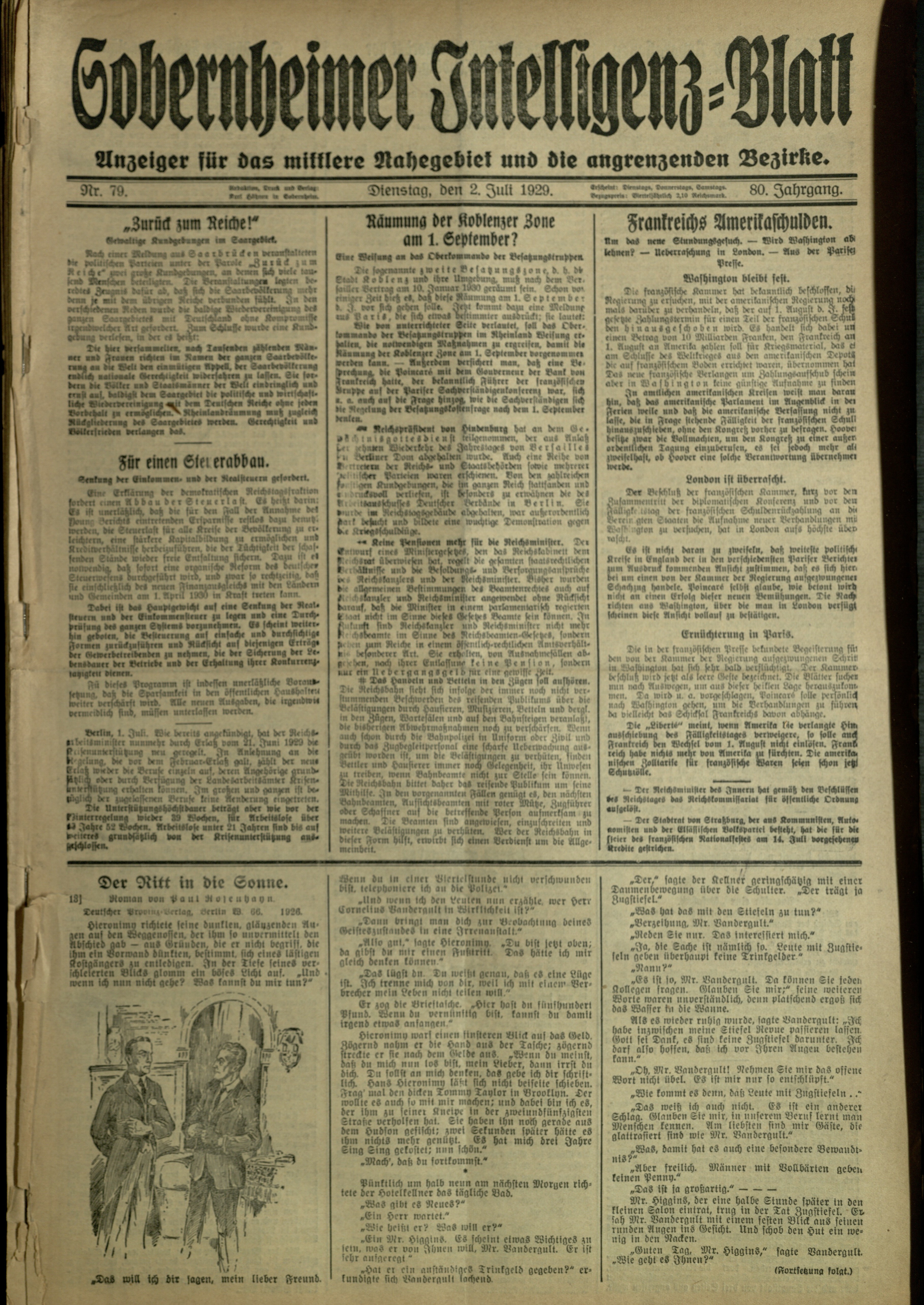 Zeitung: Sobernheimer Intelligenzblatt; Juli 1929, Jg. 80 Nr. 79 (Heimatmuseum Bad Sobernheim CC BY-NC-SA)