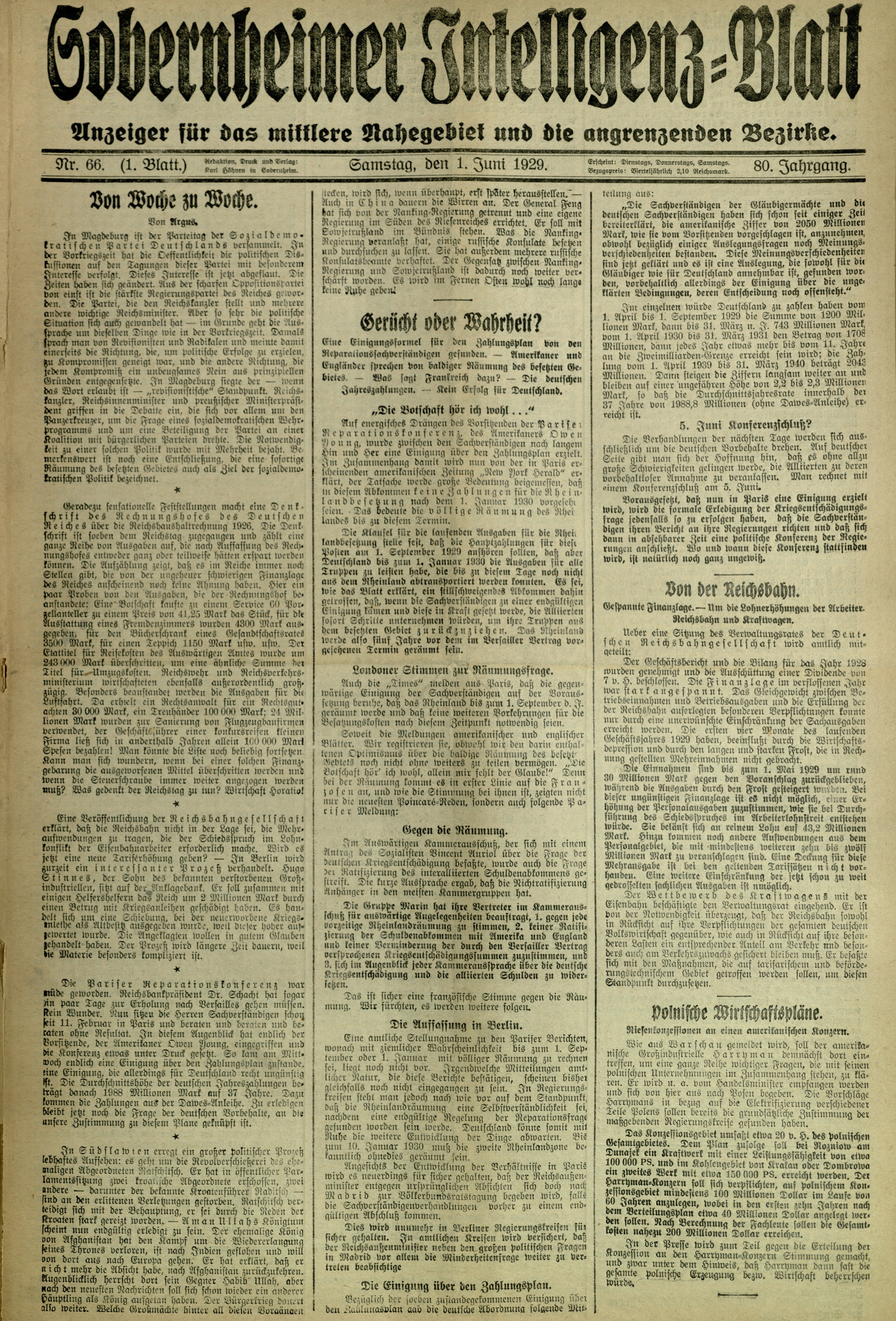 Zeitung: Sobernheimer Intelligenzblatt; Juni 1929, Jg. 80 Nr. 66 (Heimatmuseum Bad Sobernheim CC BY-NC-SA)