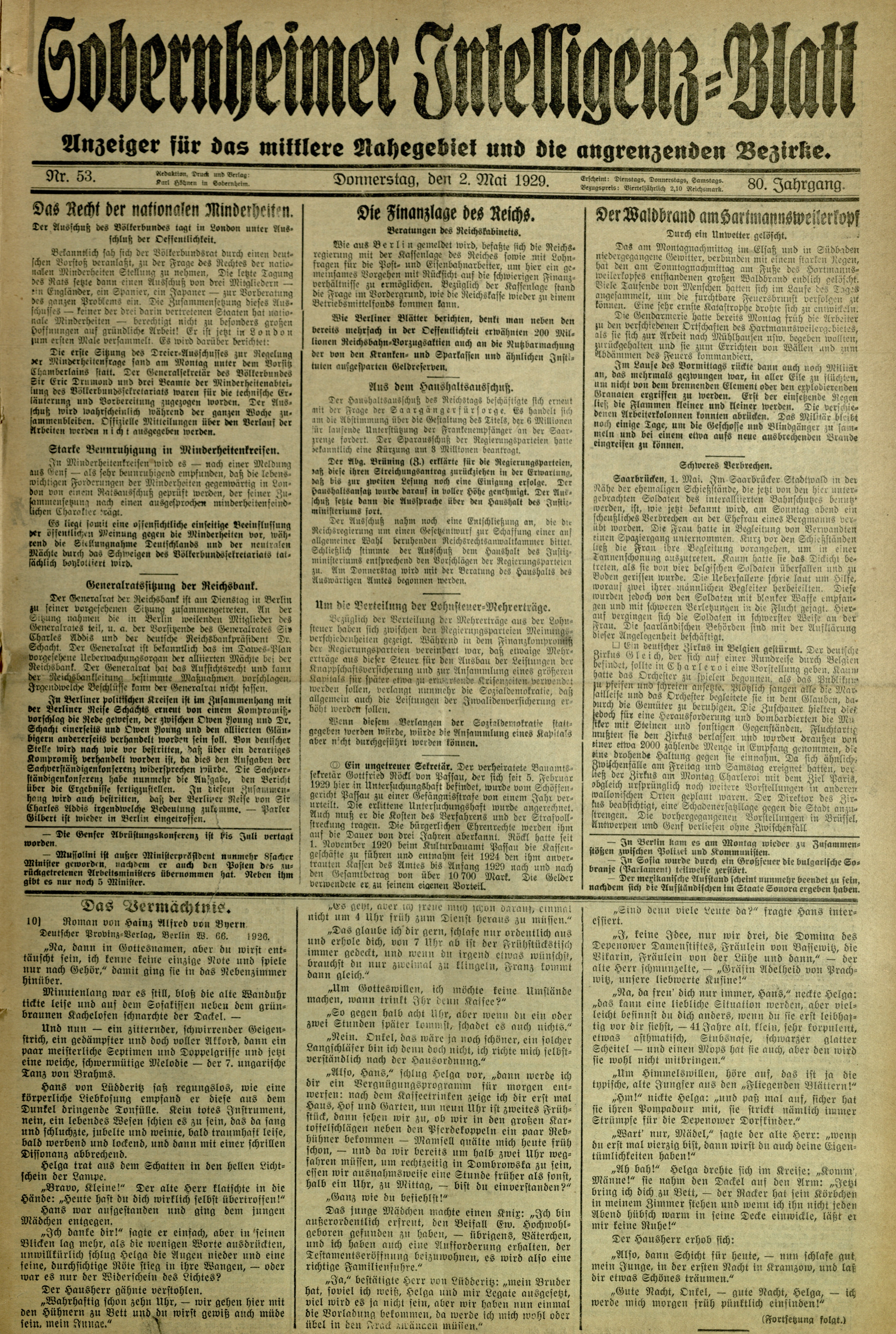 Zeitung: Sobernheimer Intelligenzblatt; Mai 1929, Jg. 80 Nr. 53 (Heimatmuseum Bad Sobernheim CC BY-NC-SA)