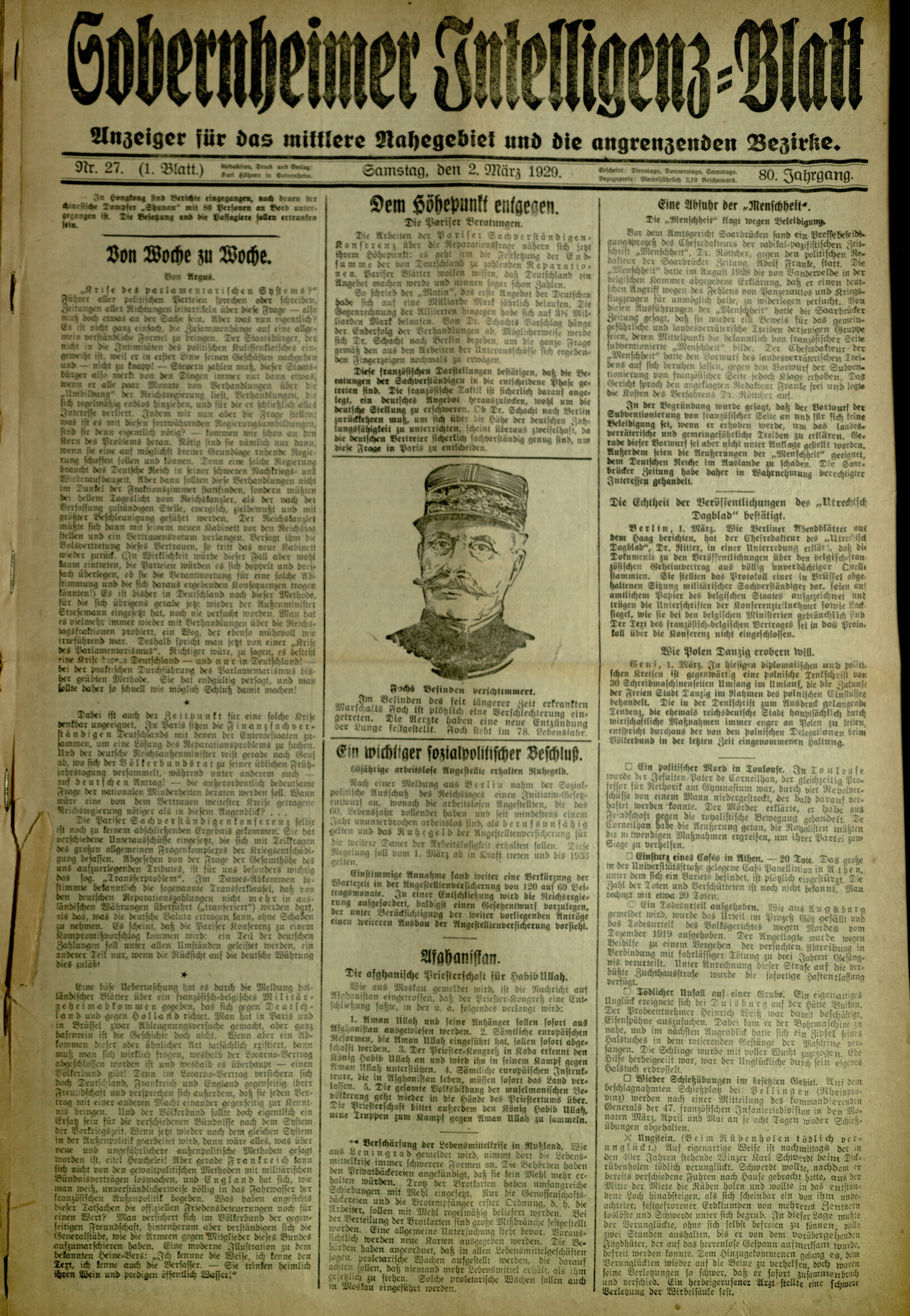 Zeitung: Sobernheimer Intelligenzblatt; März 1929, Jg. 80 Nr. 27 (Heimatmuseum Bad Sobernheim CC BY-NC-SA)