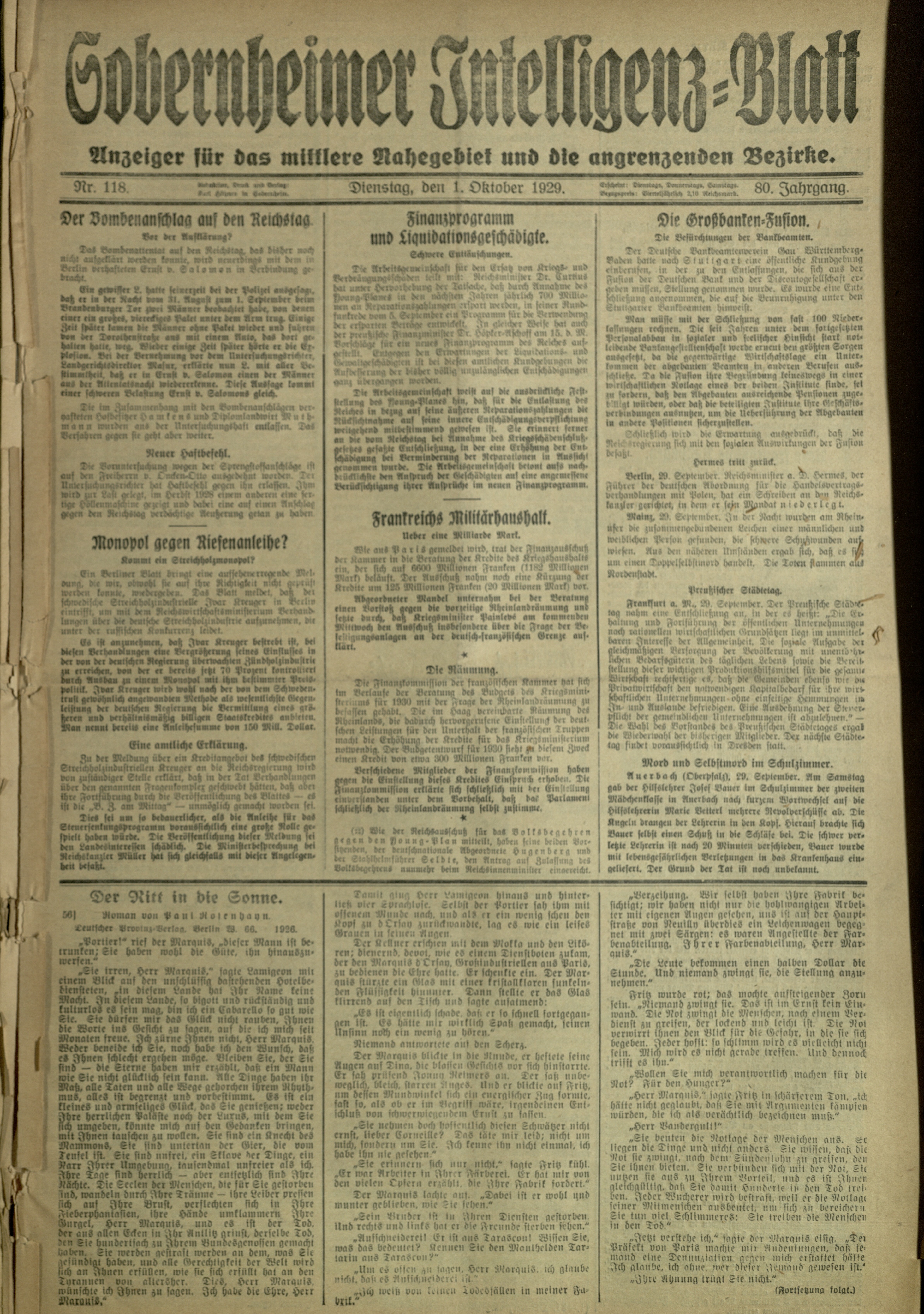 Zeitung: Sobernheimer Intelligenzblatt; Oktober 1929, Jg. 80 Nr. 118 (Heimatmuseum Bad Sobernheim CC BY-NC-SA)
