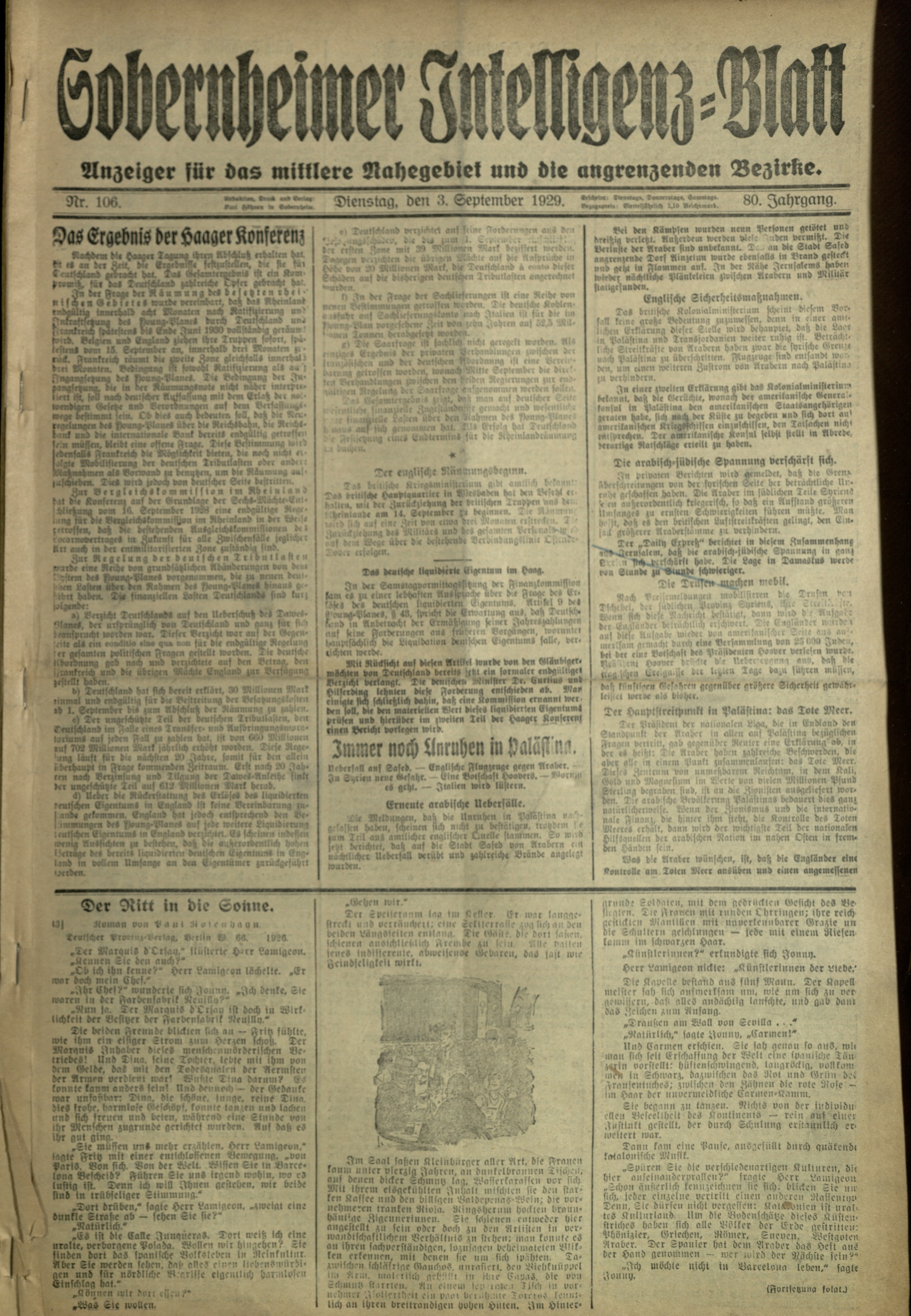 Zeitung: Sobernheimer Intelligenzblatt; September 1929, Jg. 80 Nr. 106 (Heimatmuseum Bad Sobernheim CC BY-NC-SA)