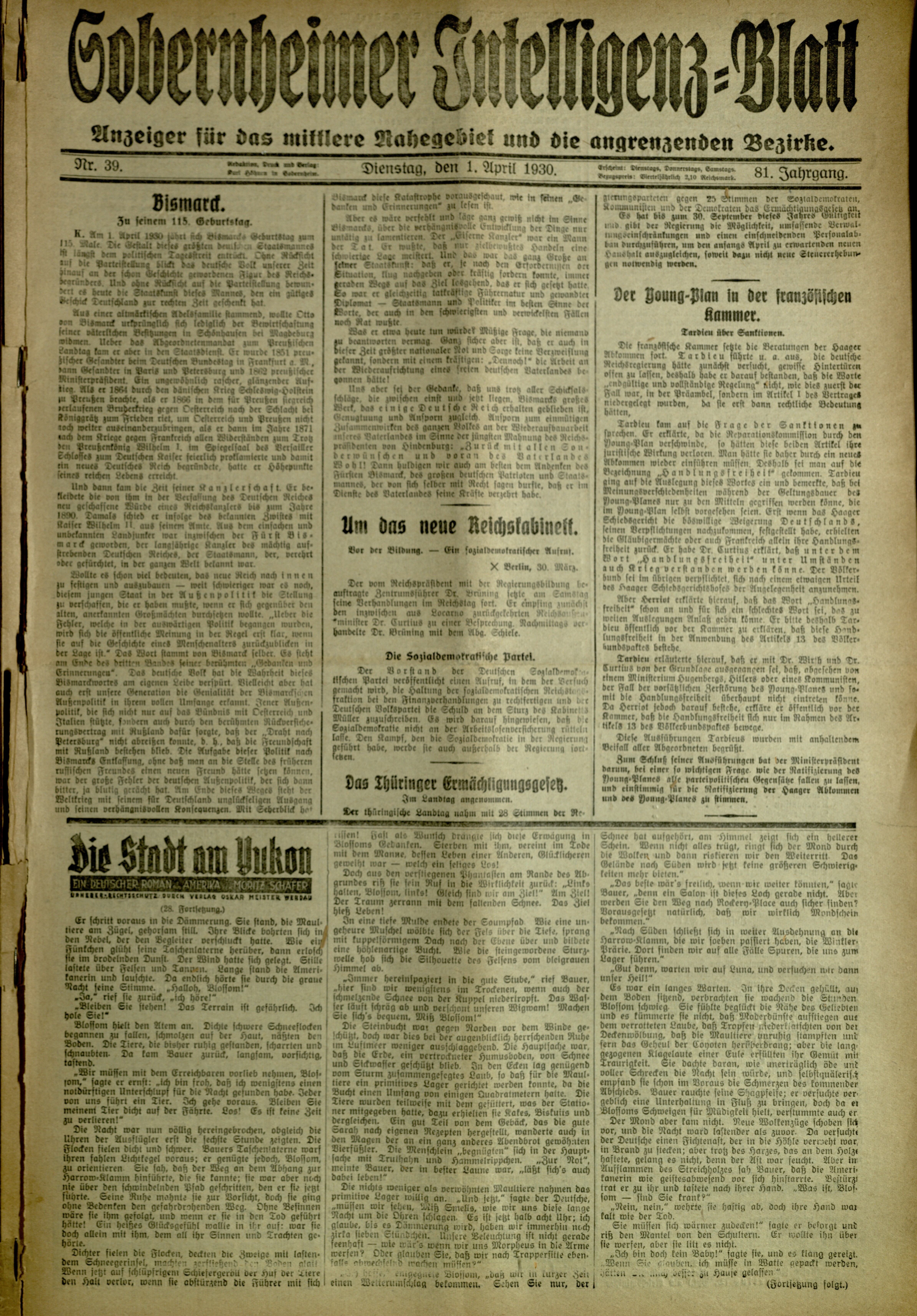 Zeitung: Sobernheimer Intelligenzblatt; April 1930, Jg. 81 Nr. 39 (Heimatmuseum Bad Sobernheim CC BY-NC-SA)