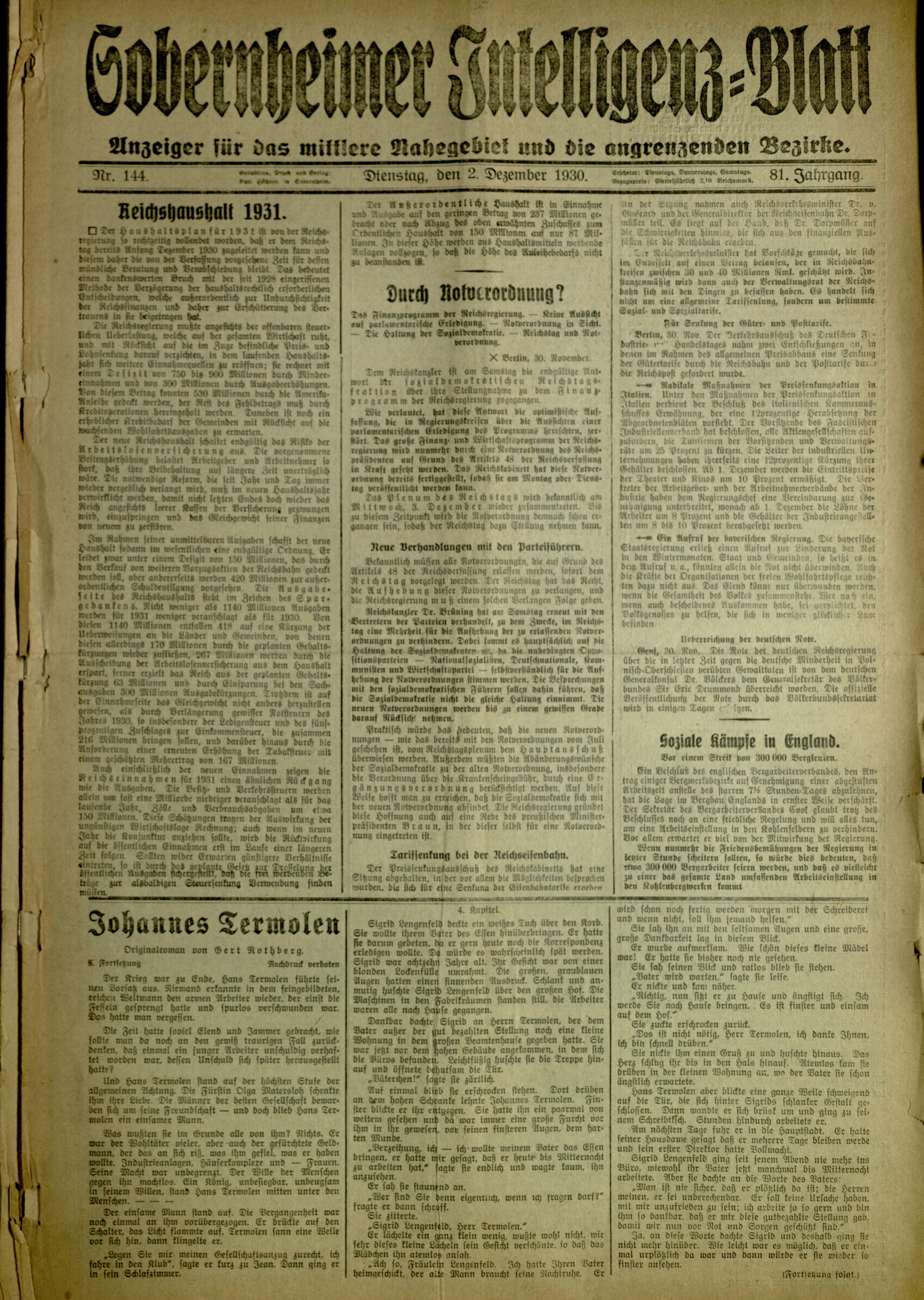 Zeitung: Sobernheimer Intelligenzblatt; Dezember 1930, Jg. 81 Nr. 144 (Heimatmuseum Bad Sobernheim CC BY-NC-SA)